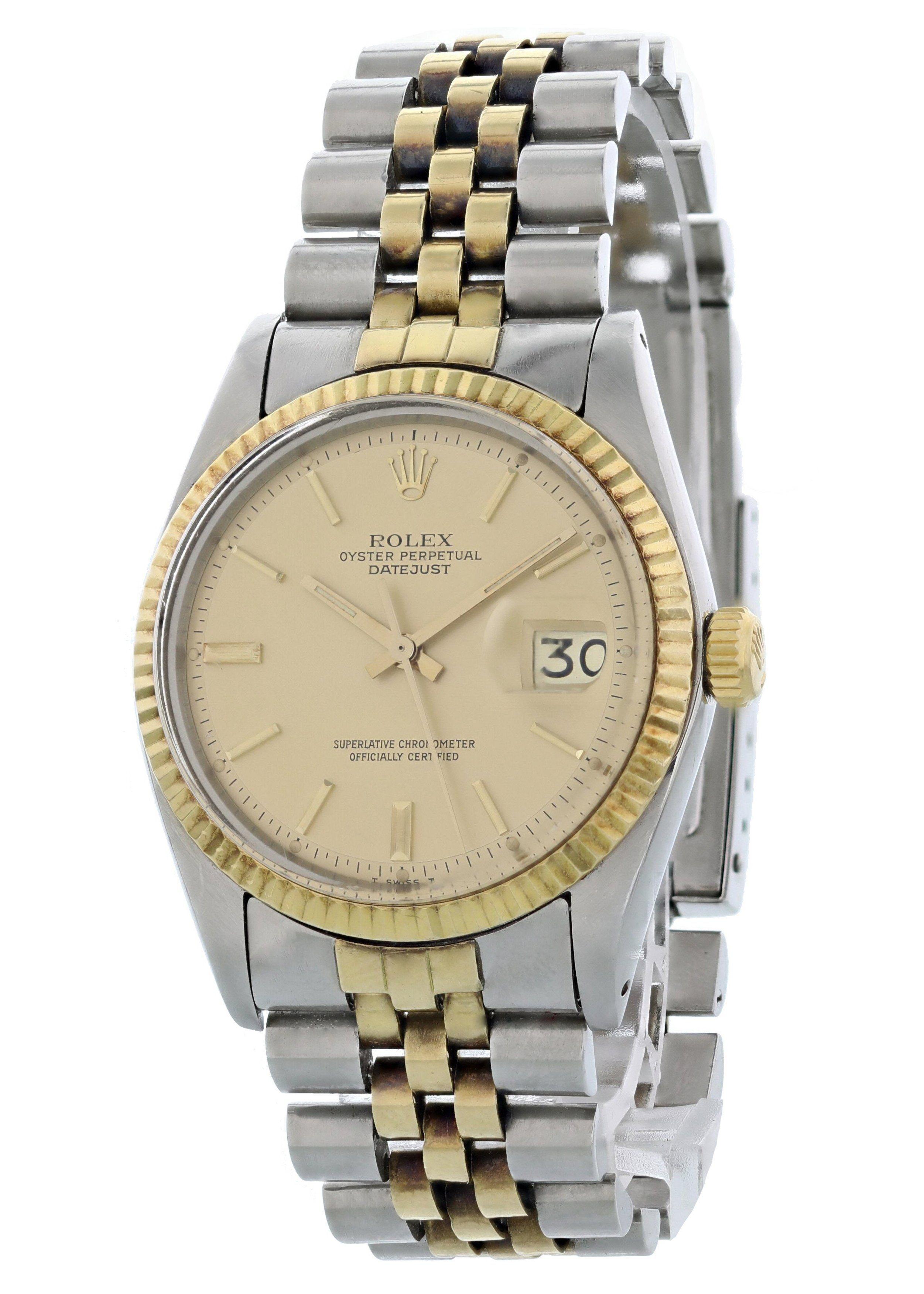Rolex Oyster Perpetual Datejust 1601 Men's Watch. Stainless steel 36mm case with an 18k white gold fluted bezel. champagne dial with gold hands and index markers. Date display at 3 o'clock position with quickset function. Stainless steel jubilee
