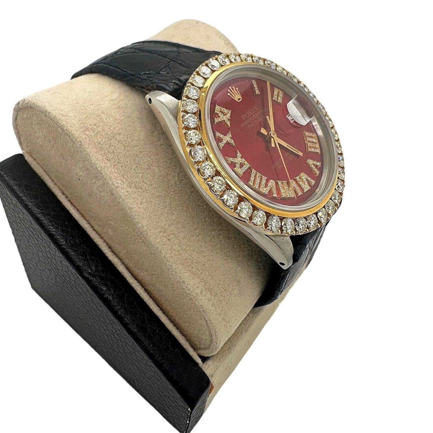 Rolex Datejust 1601 Red Diamond Dial Bezel 18K Gold Steel Leather Strap In Excellent Condition For Sale In San Diego, CA