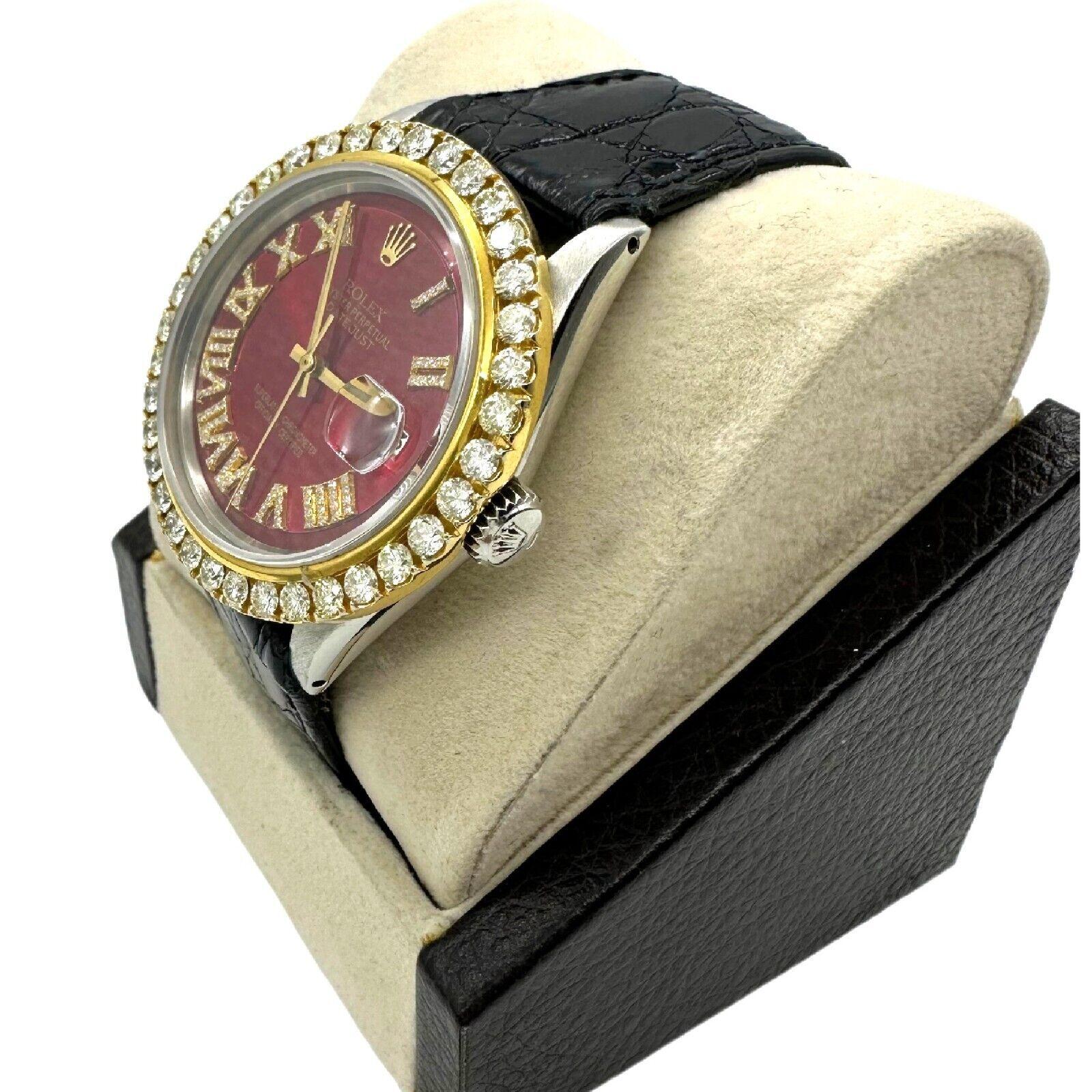Men's Rolex Datejust 1601 Red Diamond Dial Bezel 18K Gold Steel Leather Strap For Sale
