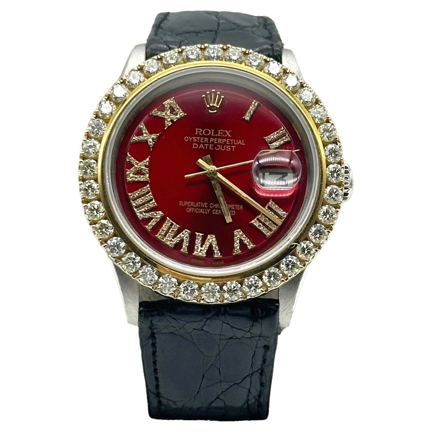 Rolex Datejust 1601 Red Diamond Dial Bezel 18K Gold Steel Leather Strap For Sale