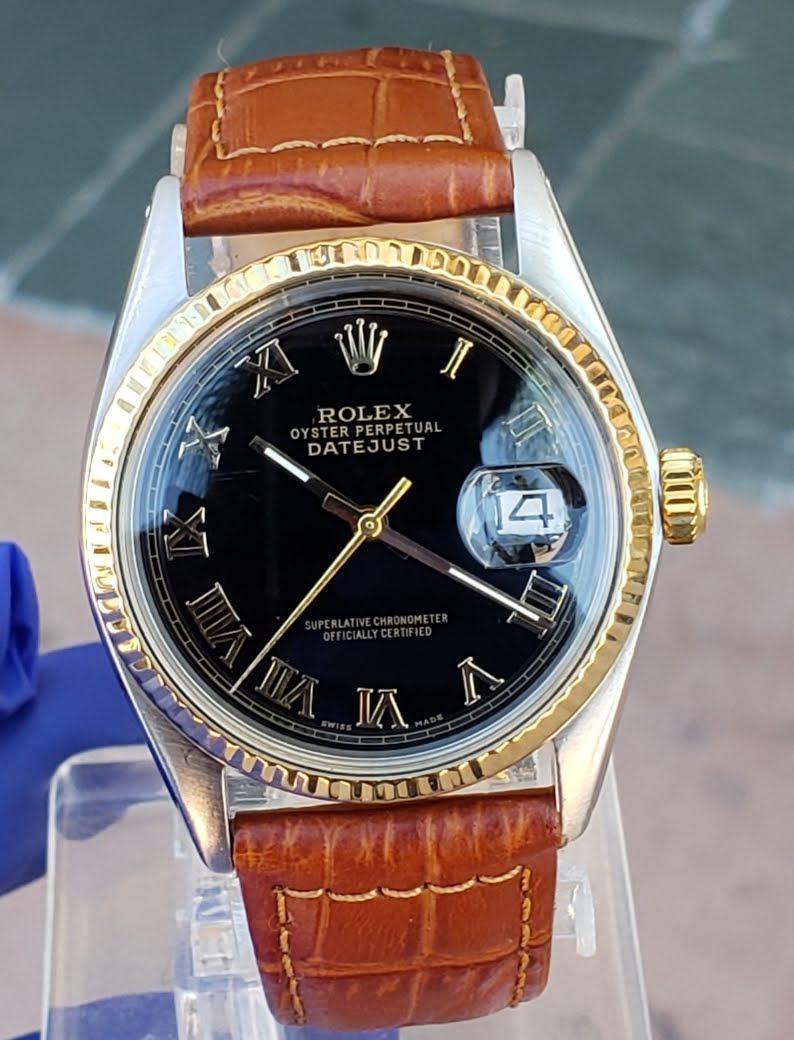 Modern Rolex 36mm Datejust 1601 Two Tone Roman on Brown Leather For Sale