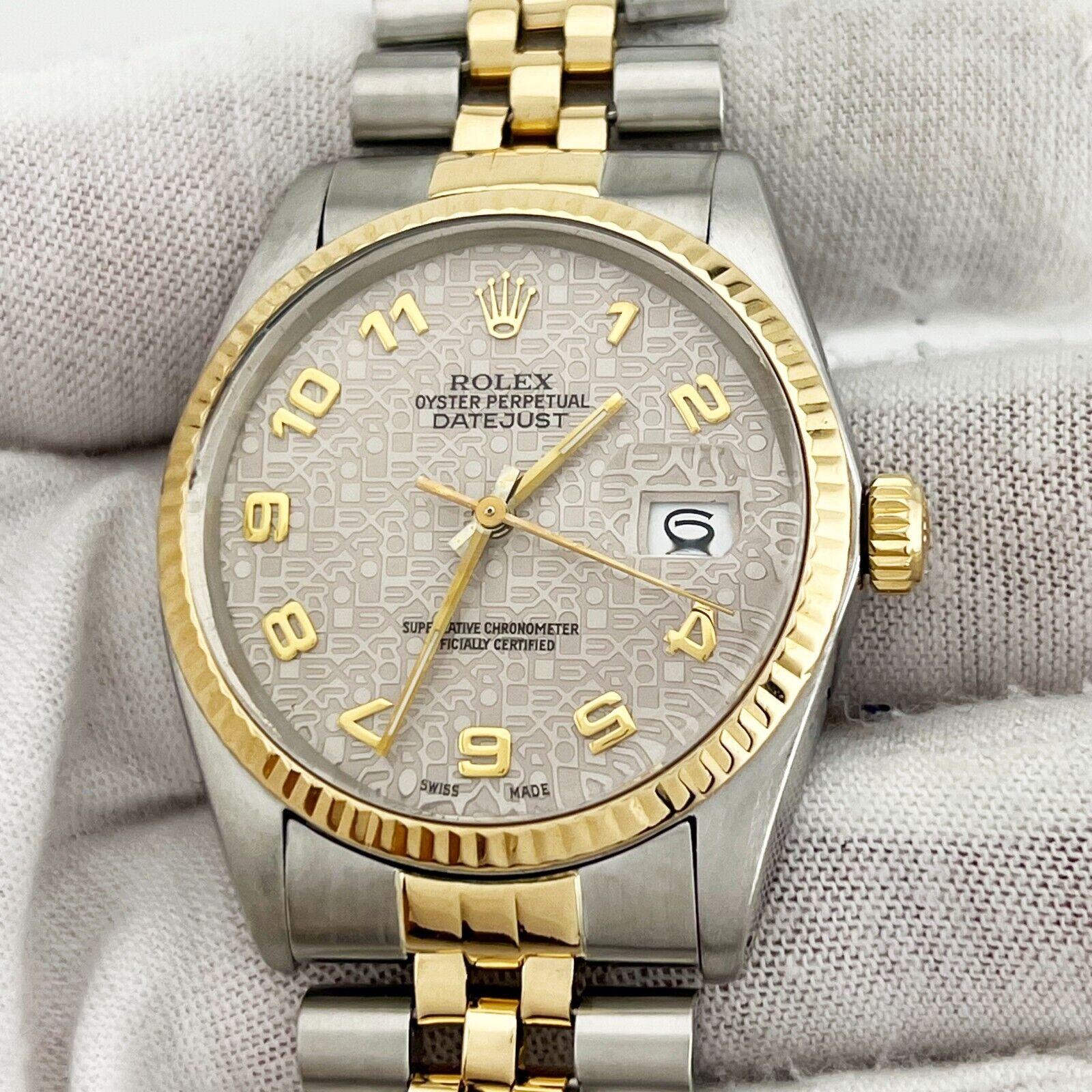 Style Number: 16013



Serial: 8446***



Year: 1984

 

Model: Rolex Datejust 

 

Case Material: Stainless Steel 

 

Band: 18K Yellow Gold & Stainless Steel 

 

Bezel: 18K Yellow Gold Fluted Bezel 

 

Dial: Jubilee Arabic Numeral Dial 

