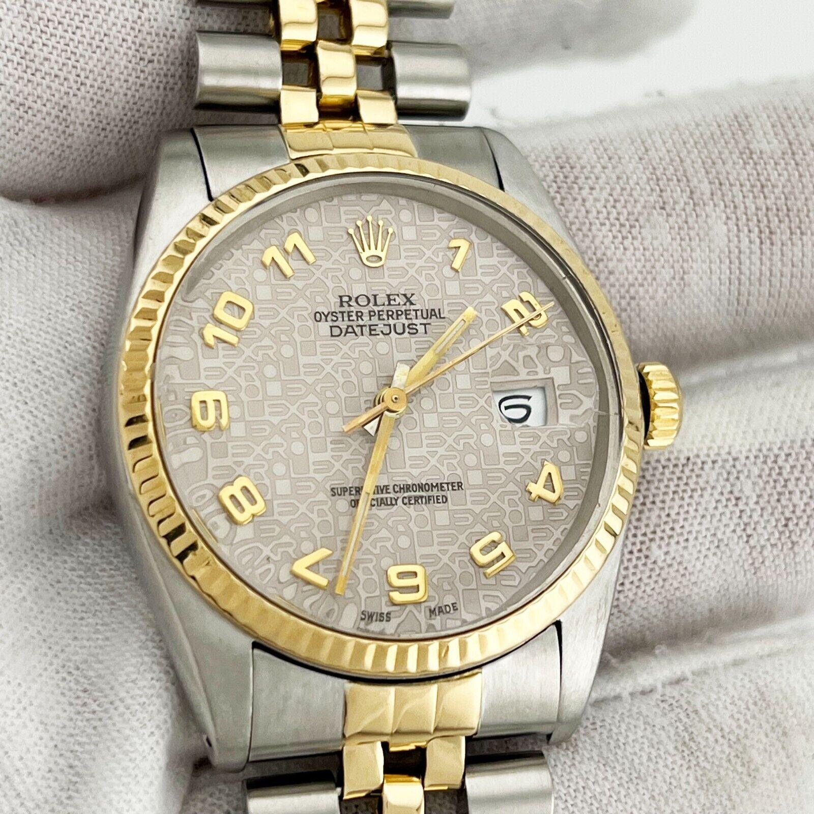 Rolex Datejust 16013 36mm Jubilee Arabic Dial 18K Yellow Gold Stainless Steel In Excellent Condition For Sale In San Diego, CA