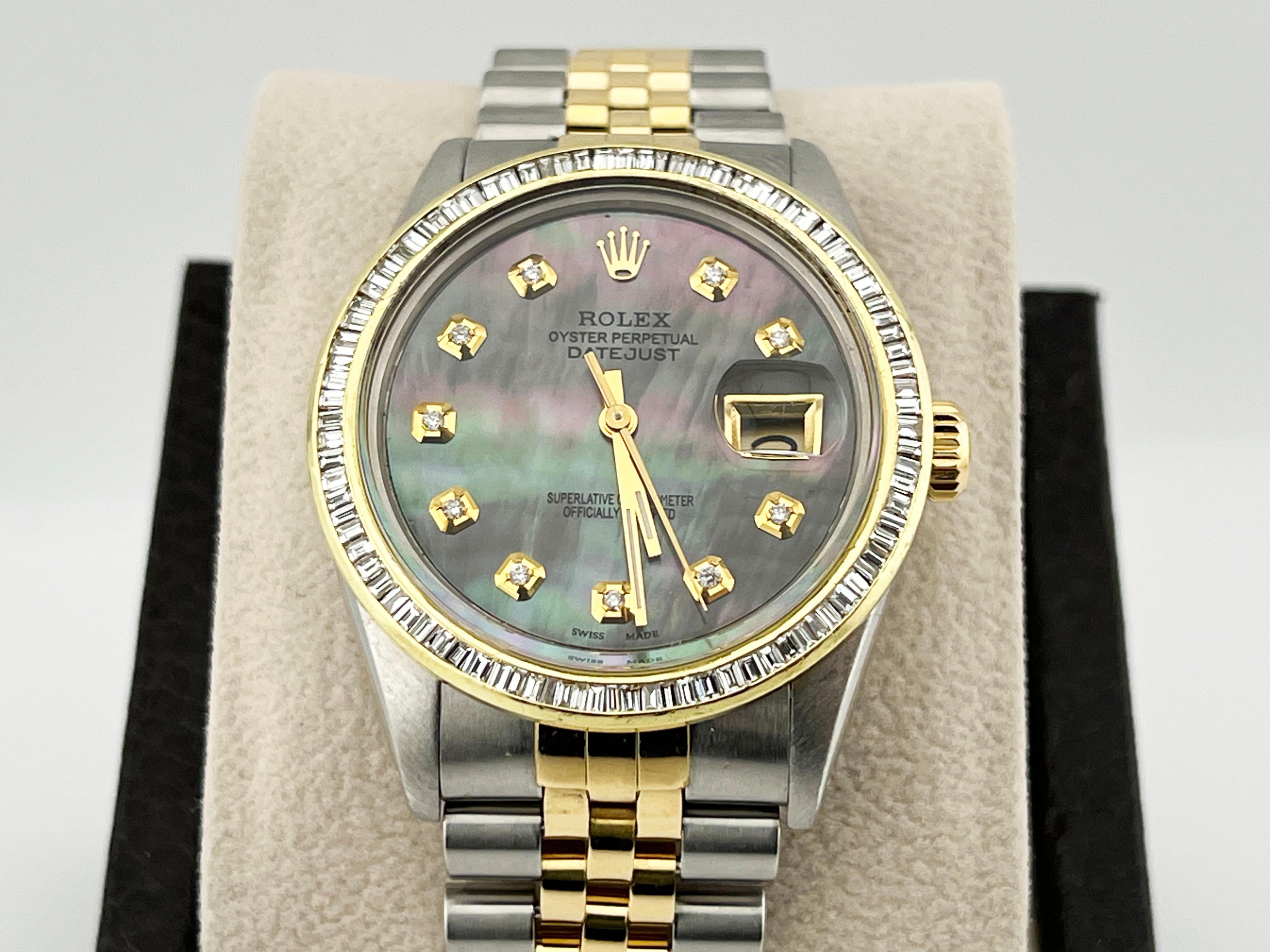 Rolex Datejust 16013 36mm Tahitian MOP Diamond Dial Bezel 18K Yellow Gold Steel In Excellent Condition In San Diego, CA