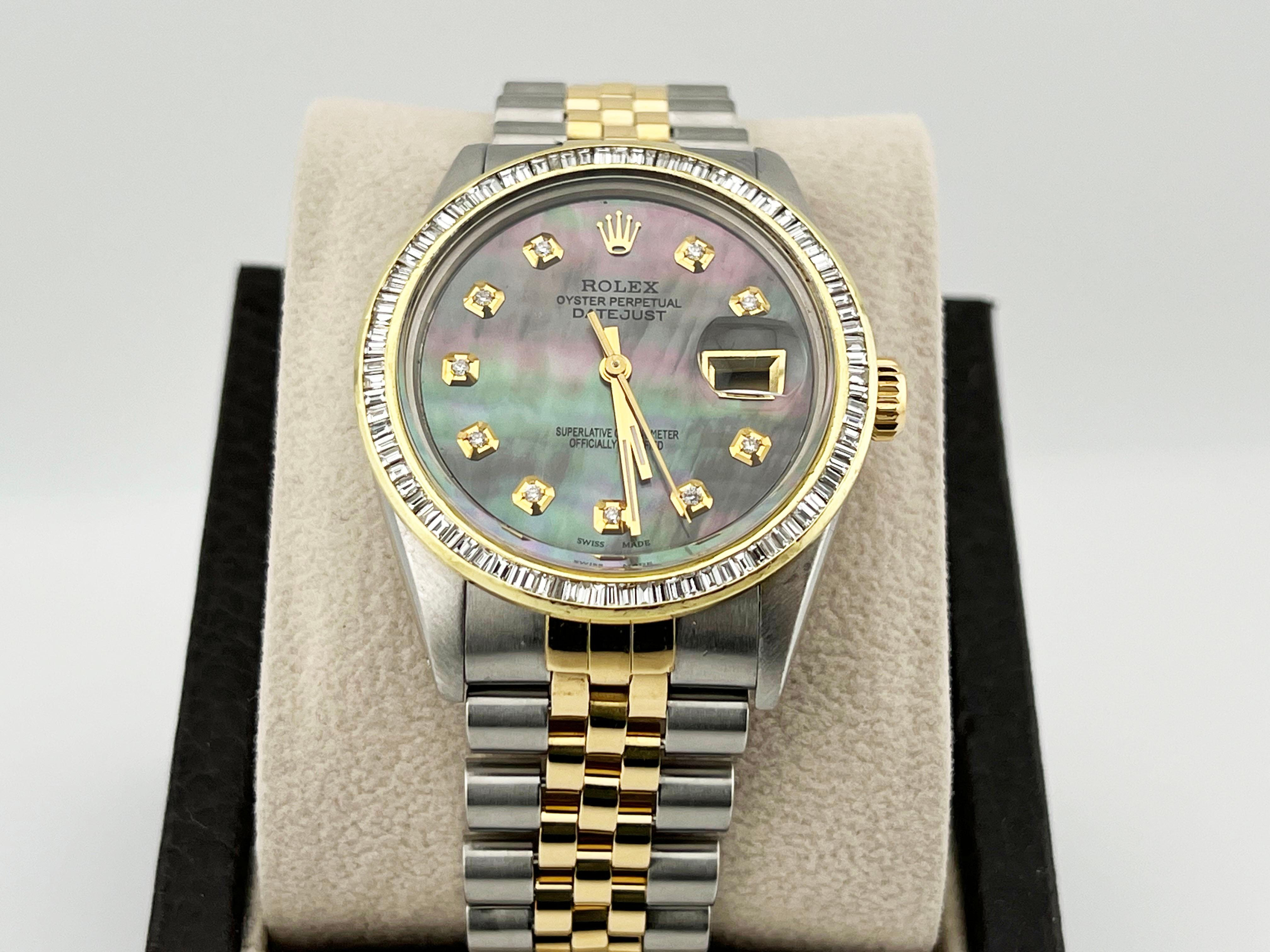 Men's Rolex Datejust 16013 36mm Tahitian MOP Diamond Dial Bezel 18K Yellow Gold Steel