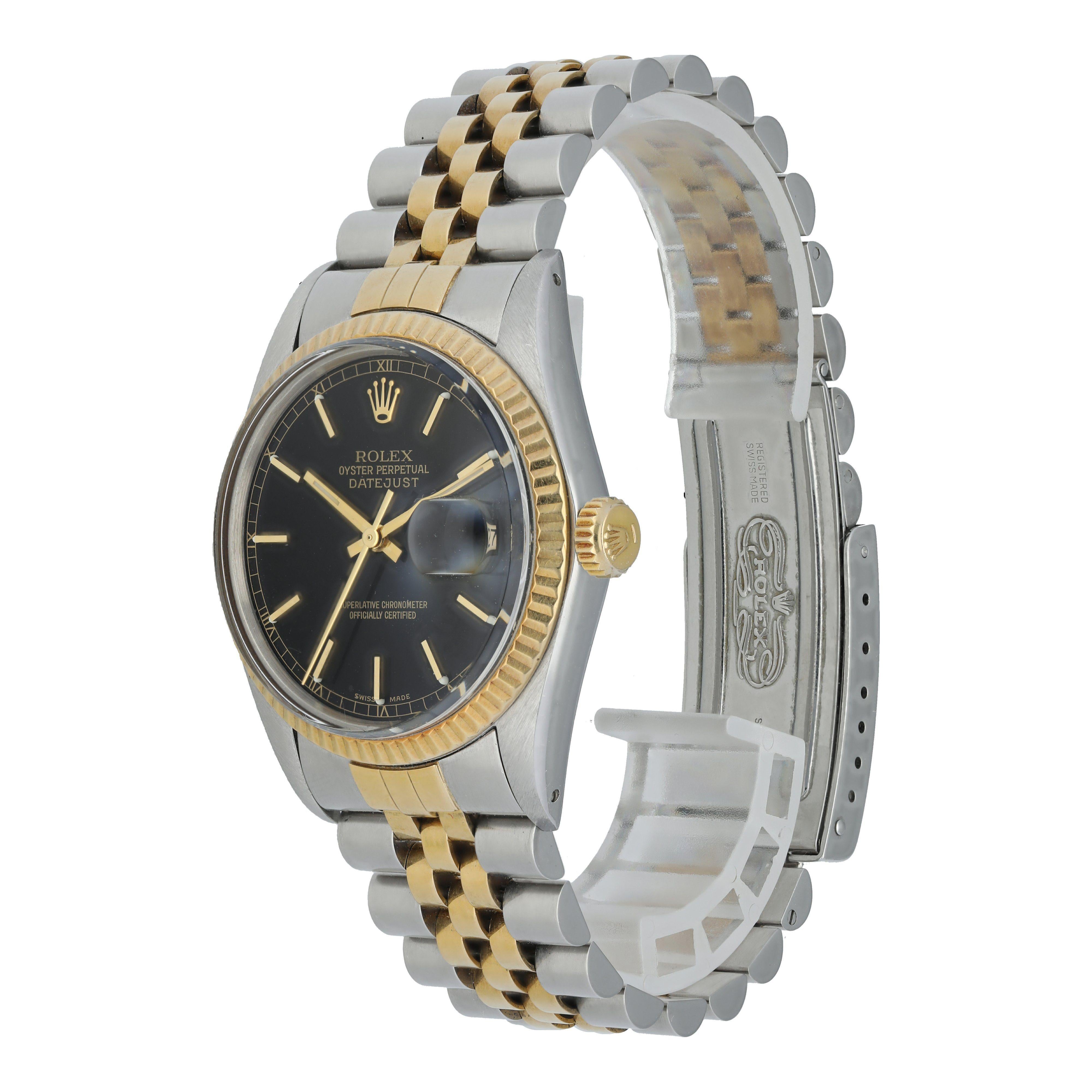 Rolex Datejust 16013 Black Dial Men Watch.
36mm stainless steel case with yellow gold fluted bezel.
Black dial with luminous gold hands and index hour markers
Minute markers around the outer dial.
Date display at the 3 o'clock position.
Two-tone