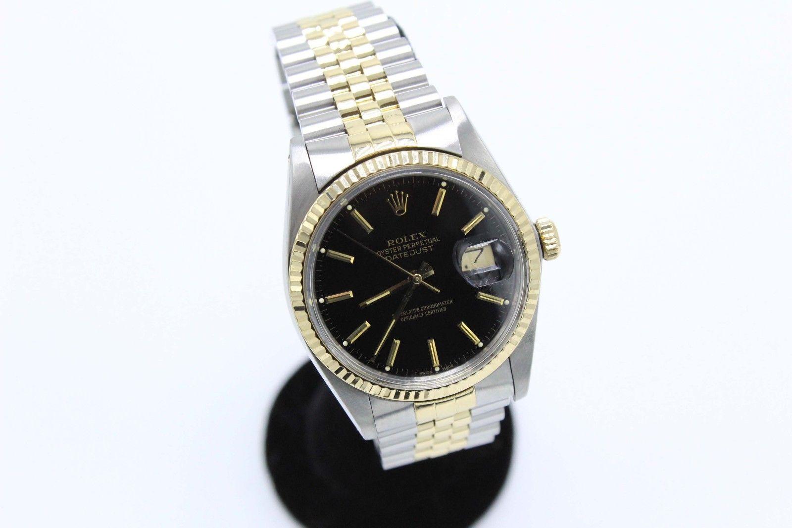 Style Number: 16013
Serial: 8154***
Model: Datejust 
Case Material: 18K Yellow Gold & Stainless Steel
Band: 18K Yellow Gold
Bezel: 18K Yellow Gold
Dial: Black
Face: Acrylic 
Case Size: 36mm
Includes: 
-Elegant Watch Box
-Certified Appraisal 
-6