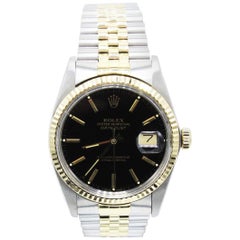 Retro Rolex Datejust 16013 Black Index Dial 18 Karat Yellow Gold and Stainless Steel