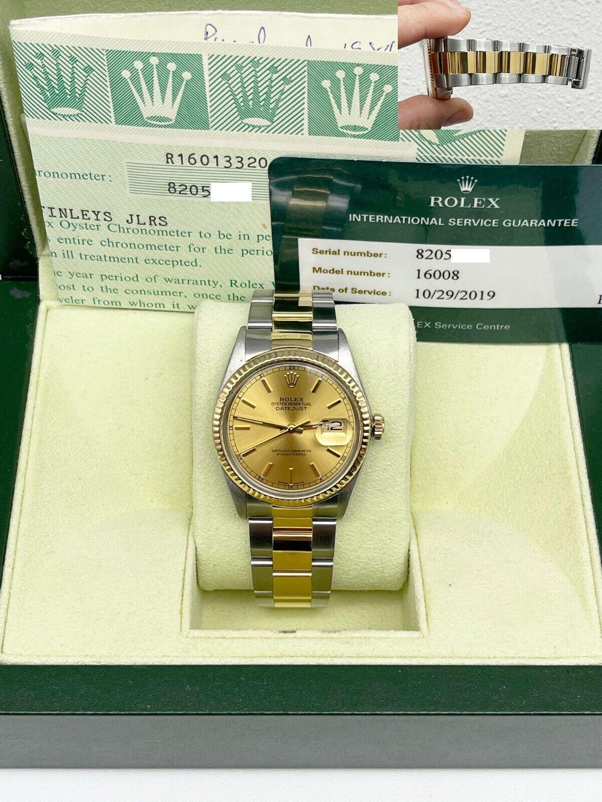 Style Number: 16013

 

Serial: 8205***



Model: Datejust

 

Case Material: Stainless Steel

 

Band: 18K Yellow Gold and Stainless Steel

 

Bezel: 18K Yellow Gold

 

Dial: Champagne 

 

Face: Acrylic

 

Case Size: 36 mm

 

Includes: 

-