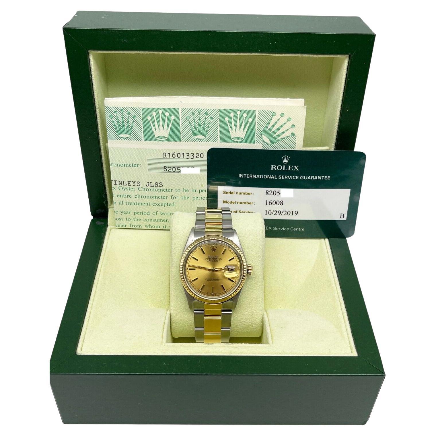 Rolex Datejust 16013 Champagne 18K Yellow Gold Steel Box Paper Service Paper