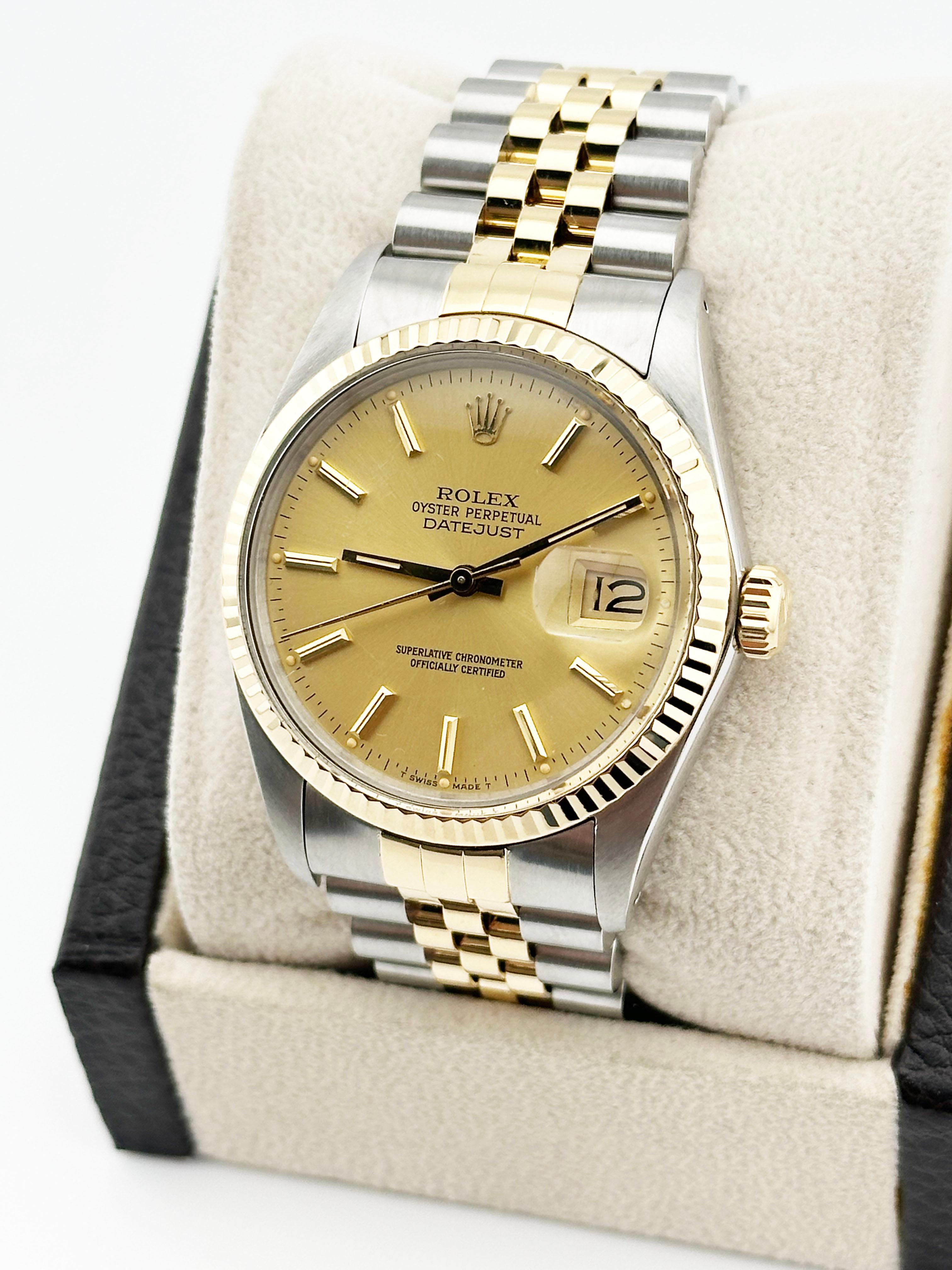 Style Number: 16013



Year: 1986

 

Model: Rolex Datejust

 

Case Material: Stainless Steel 

 

Band: 18K Yellow Gold & Stainless Steel 

  

Bezel: 18K Yellow Gold 

  

Dial: Champagne Dial 

 

Face: Acrylic 

 

Case Size: 36mm

 

Includes: