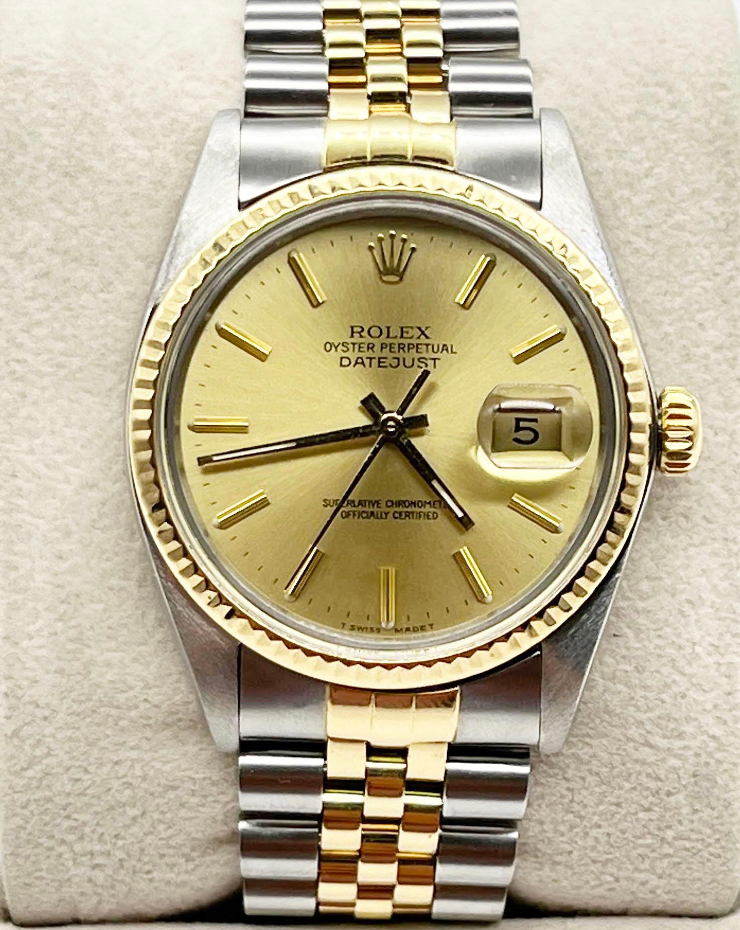 Style Number: 16013

Serial: 8680***

Year: 1985

Model: Datejust

Case Material: Stainless Steel 

Band: 18K Yellow Gold & Stainless Steel 

Bezel: 18K Yellow Gold

Dial: Champagne 

Face: Acrylic 

Case Size: 36mm 

Includes: 

-Elegant Watch