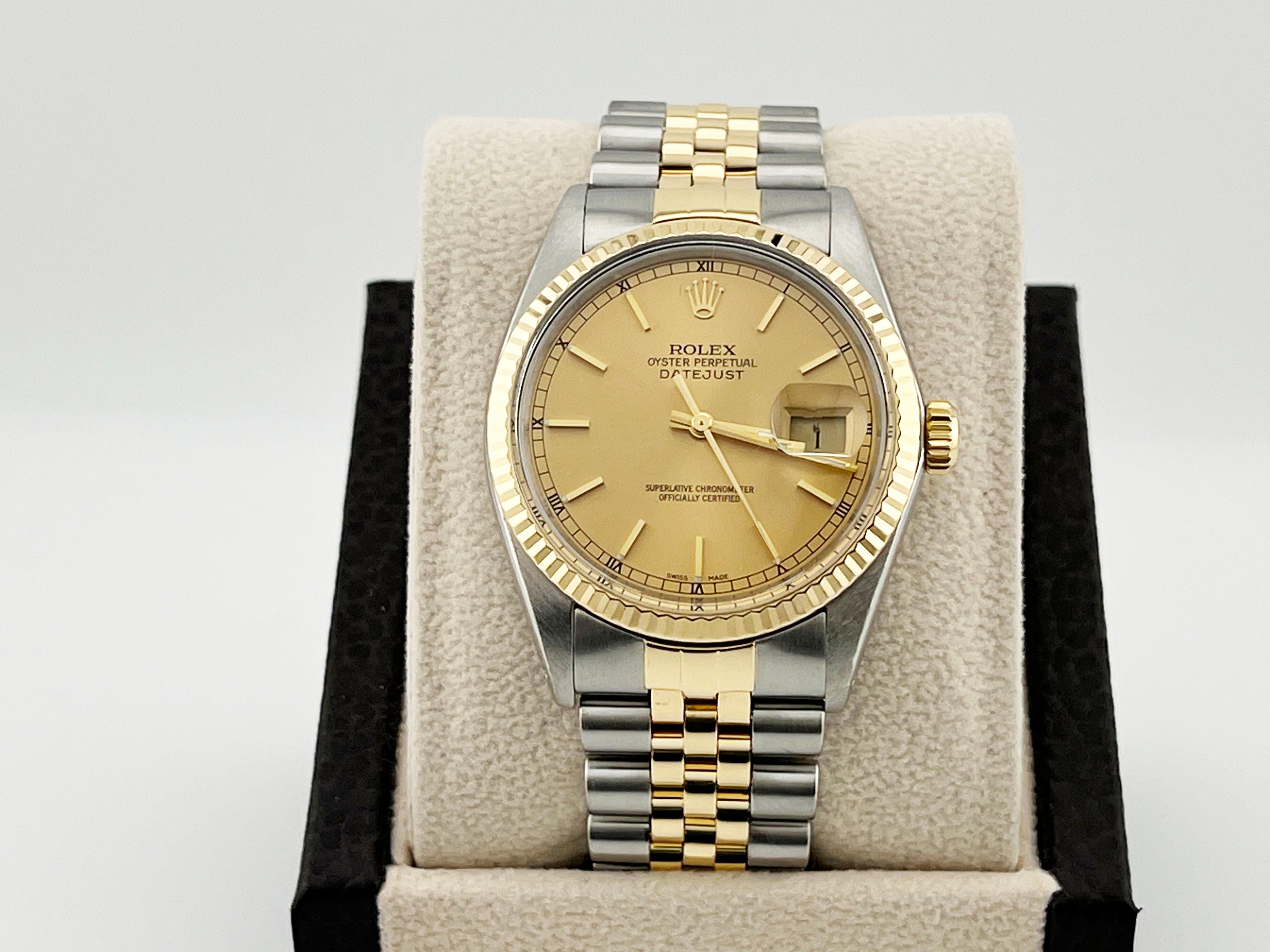 Style Number: 16013



Serial: 9054***



Year: 1986

 

Model: Rolex Datejust 

 

Case Material: Stainless Steel 

 

Band: 18K Yellow Gold & Stainless Steel 

  

Bezel: 18K Yellow Gold 

  

Dial: Champagne 

 

Face: Acrylic 

 

Case Size: