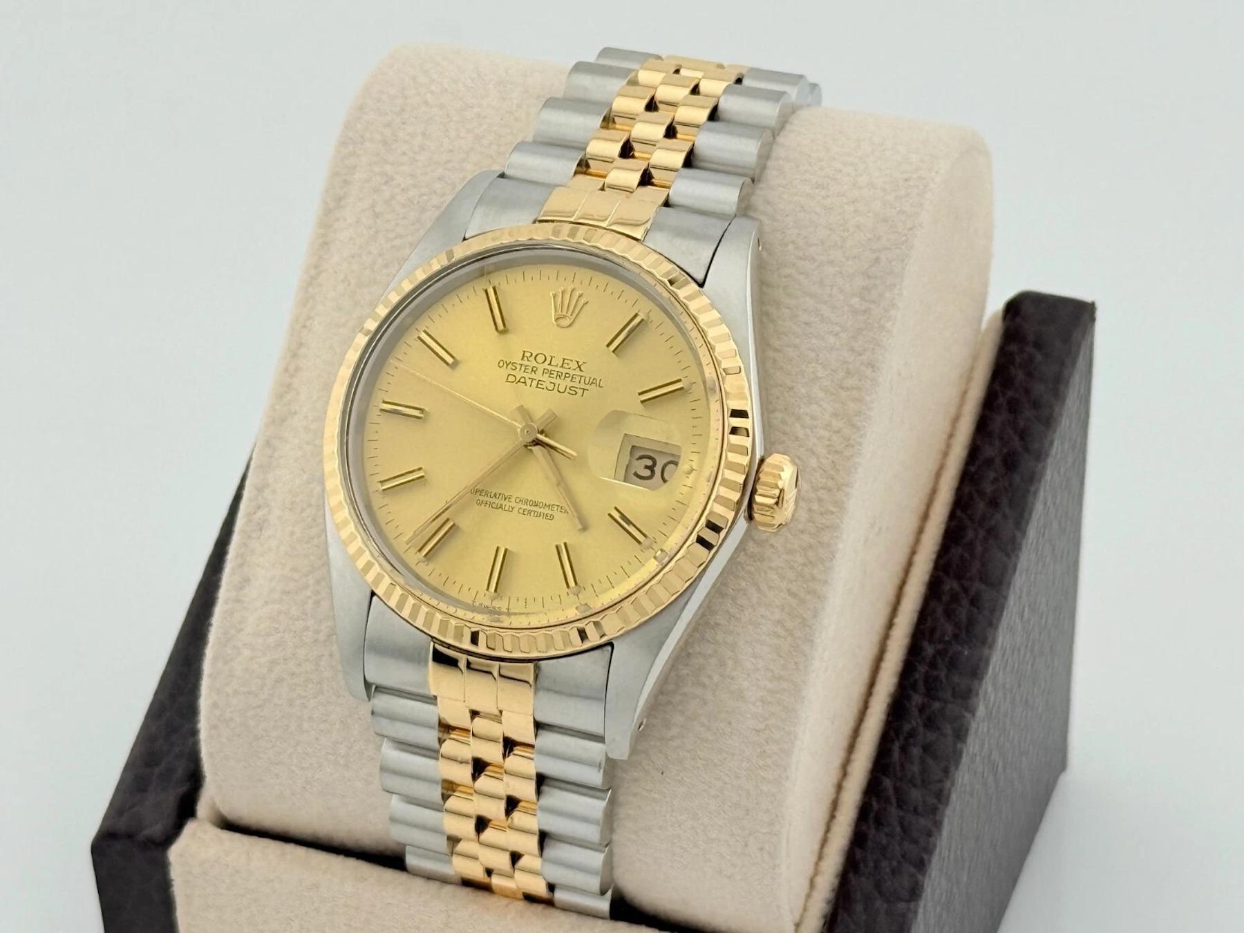 Style Number: 16013



Serial: 849****



Year: 1984



Model: Rolex Datejust

 

Case Material: Stainless Steel

 

Band: 18k Yellow Gold & Stainless Steel

  

Bezel: 18k Yellow Gold Gold Fluted Bezel

  

Dial: Champagne

 

Face: Acrylic

