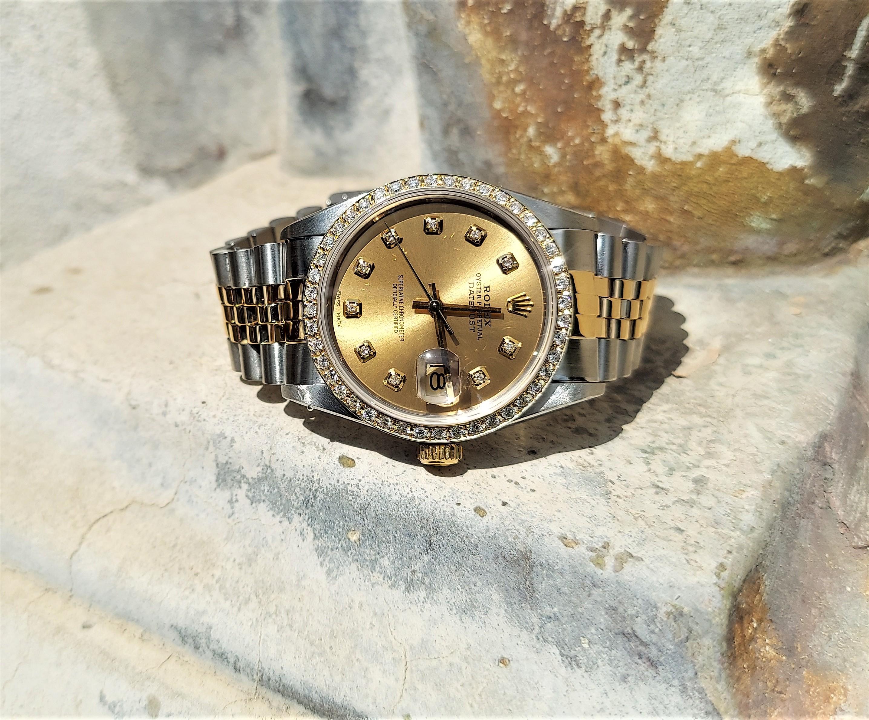 (Watch Description)
Brand - Rolex
Model - 16233 Datejust
Metals - Yellow Gold / Steel
Case Size - 36mm
Dial - Champagne Diamond
Crystal - Sapphire
Movement - Automatic CAL,3135
Wrist Size - Two tone Jubilee
Wrist Size - 7 1/2 Inches

3 Year In House
