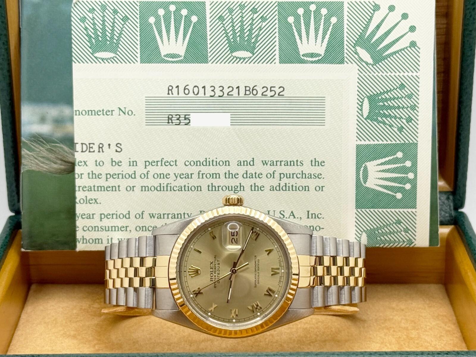 Rolex Datejust 16013 Champagne Cadran romain Or jaune 18K Acier Boîte Papier 36mm 6
