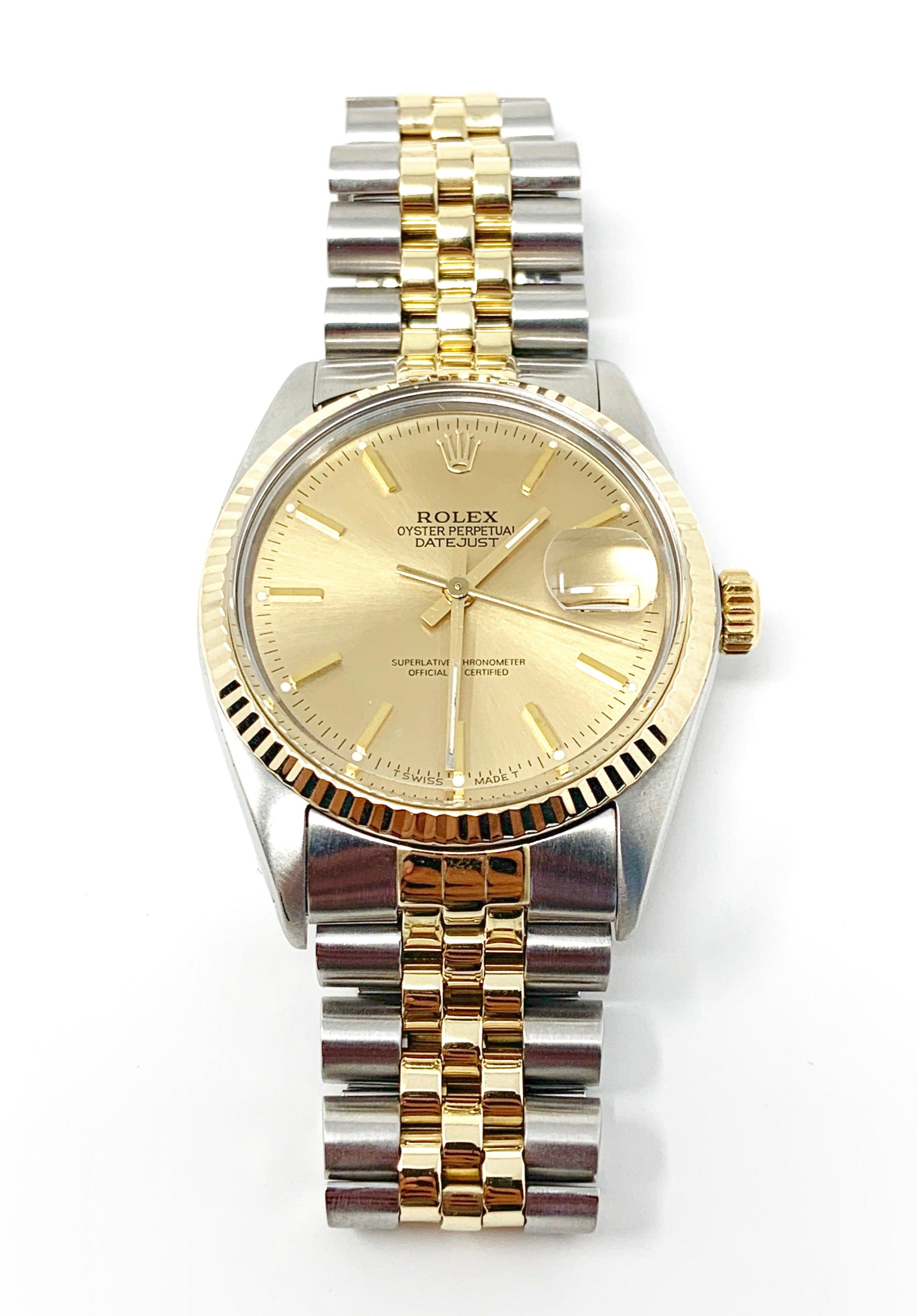 (Watch Description)
Brand - Rolex
Style - Datejust 
Model - 16013
Metals - 36mm
Case size - 36mm
Bezel - 18k yellow gold fluted. 
Crystal - New Acrylic
Dial - Champagne stick
Movement - Auto CAL-3035
Band - Rolex two-tone Jubilee


