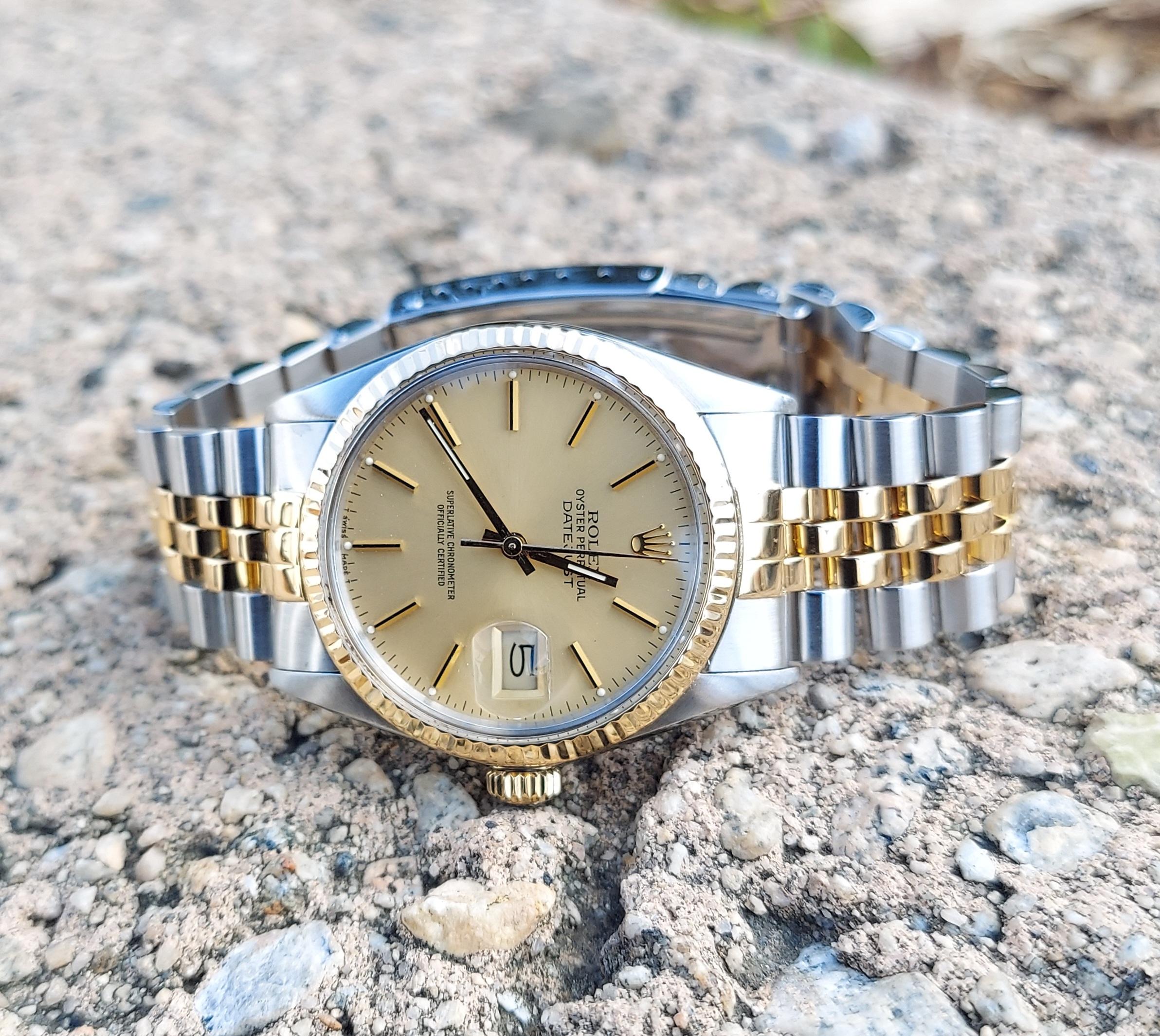 Rolex Datejust 16013 champagne Stick 36mm Two-tone jubilee In Good Condition For Sale In San Fernando, CA