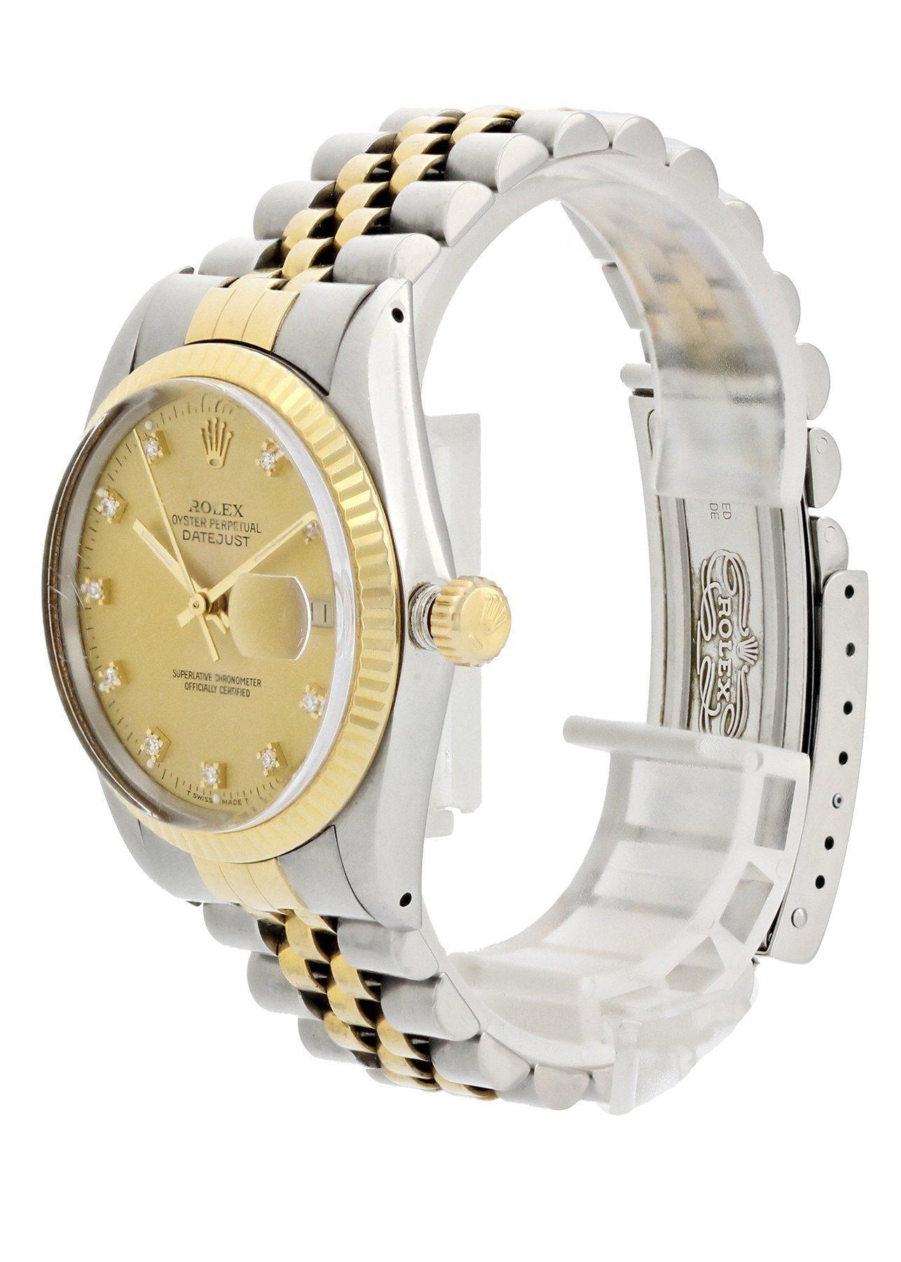 Rolex Oyster Perpetual Datejust 16013 Men's Watch. 
Stainless steel 36mm case with an 18k yellow gold fluted bezel. 
Champagne dial with gold hands and factory set diamond hour markers. 
Quickset date display at 3 o'clock position. 
Two-tone Jubilee