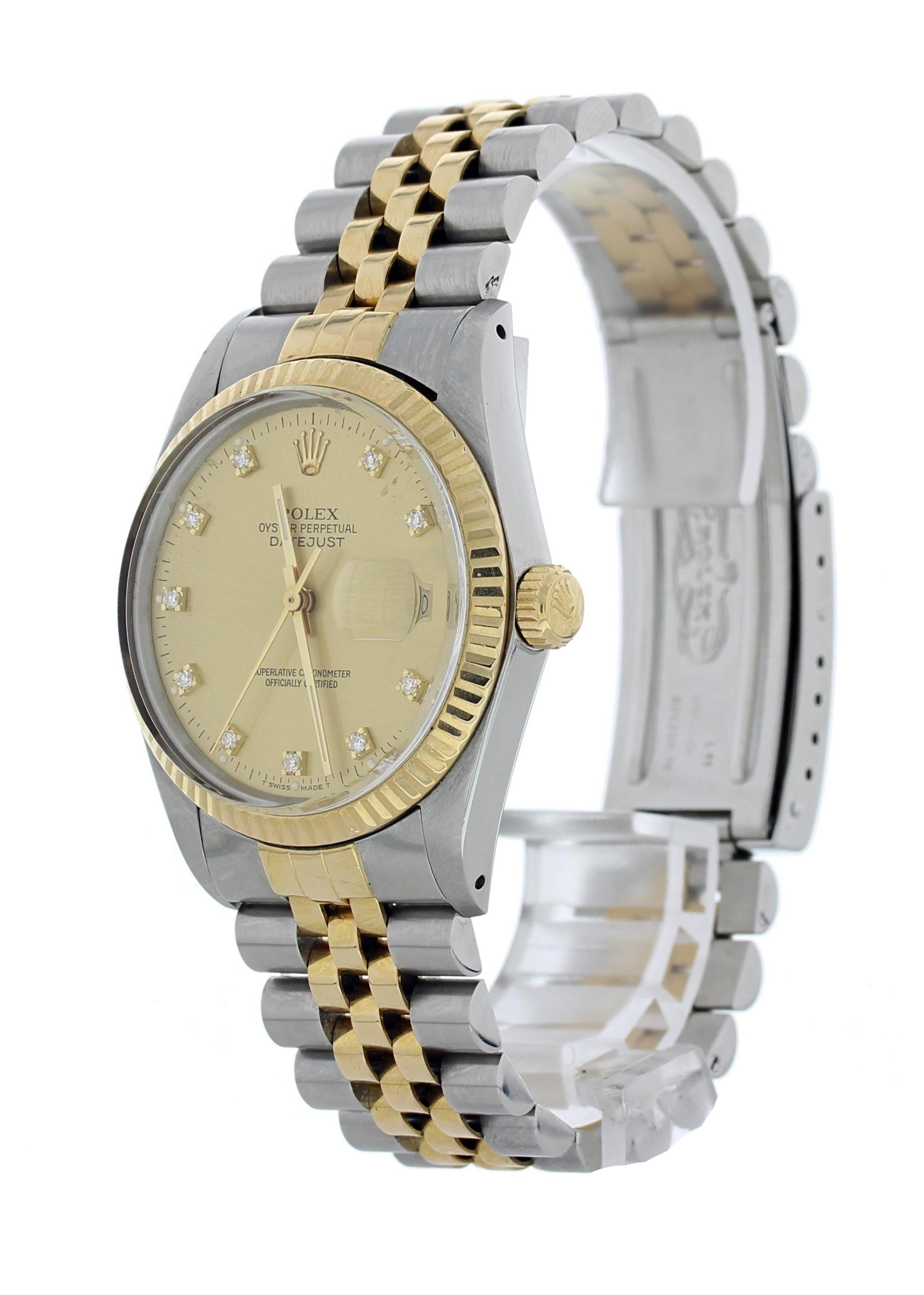 Rolex Oyster Perpetual Datejust 16013 Mens Watch. Stainless steel 36mm case with an 18k yellow gold fluted bezel. Champagne dial with gold hands and factory placed diamond hour markers. Quickset date display. Two-tone jubilee bracelet with stainless