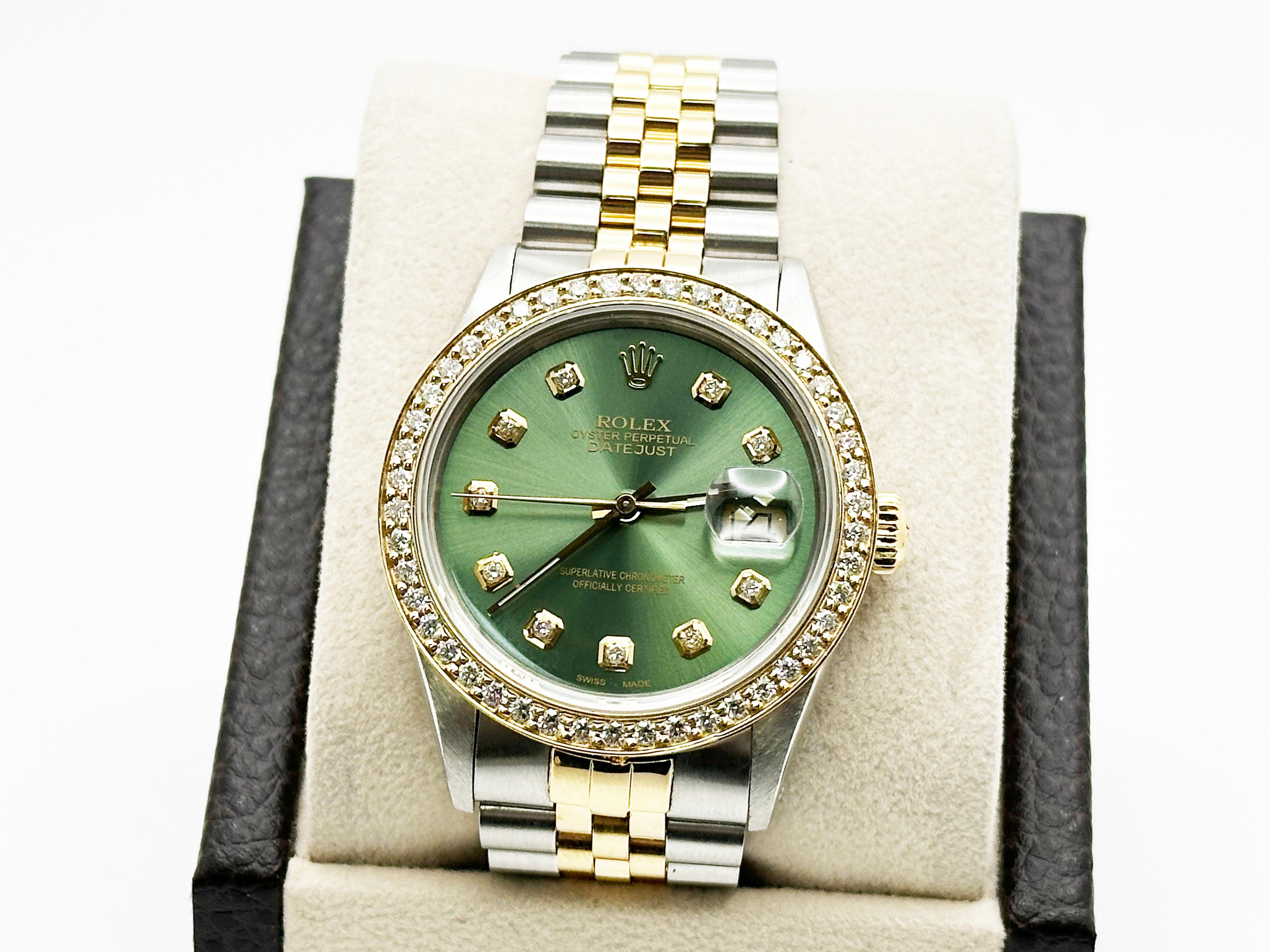 Rolex Datejust 16013 Green Diamond Dial + Bezel 18K Yellow Gold Stainless Steel en Excelente estado para la venta en San Diego, CA