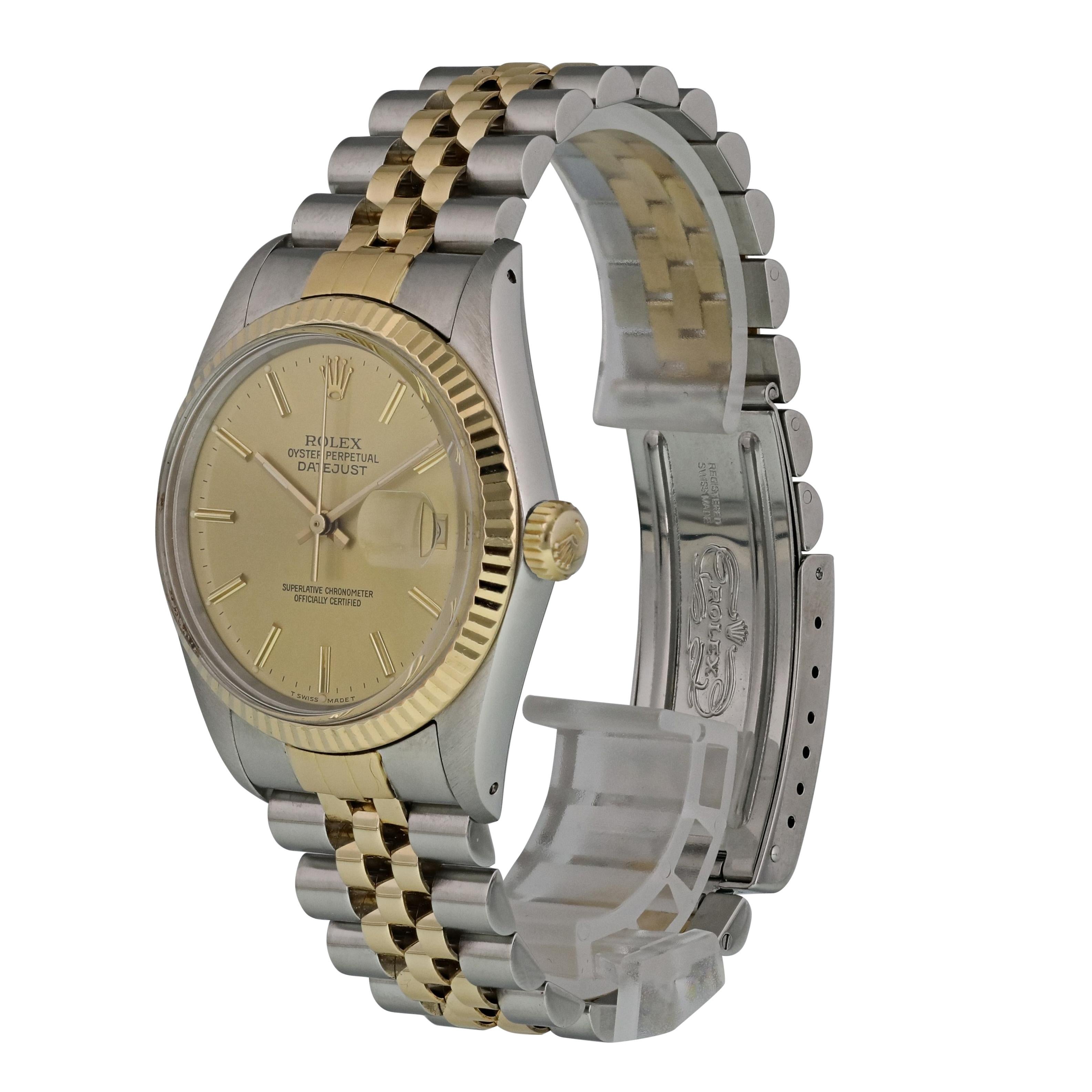 Rolex Datejust 16013 Men's Watch
36mm Stainless Steel case. 
Yellow Gold Stationary bezel. 
Champagne dial with luminous gold hands and inde hour markers. 
Minute markers on the outer dial. 
Date display at the 3 o'clock position. 
Stainless Steel