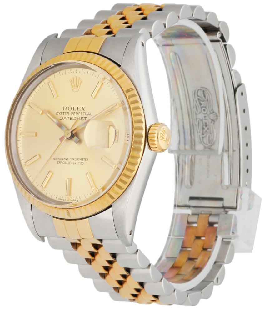 
Rolex Datejust 16013 Mens Watch. 36mm Stainless Steel case. 18k Yellow Gold fluted bezel. Champagne dial with gold hands and index hour markers. Minute markers on the outer dial. Date display at the 3 o'clock position. Stainless Steel & 18k yellow