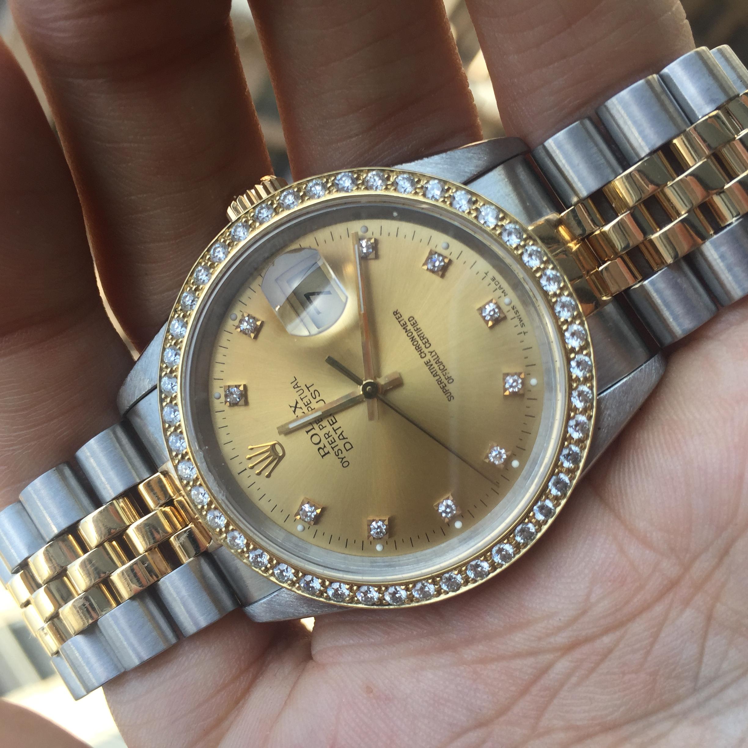 Rolex Datejust 16013 Acero y Oro de 18 Kilates, Esfera Champán o Bisel Diamante en Excelente estado para la venta en West Hollywood, CA