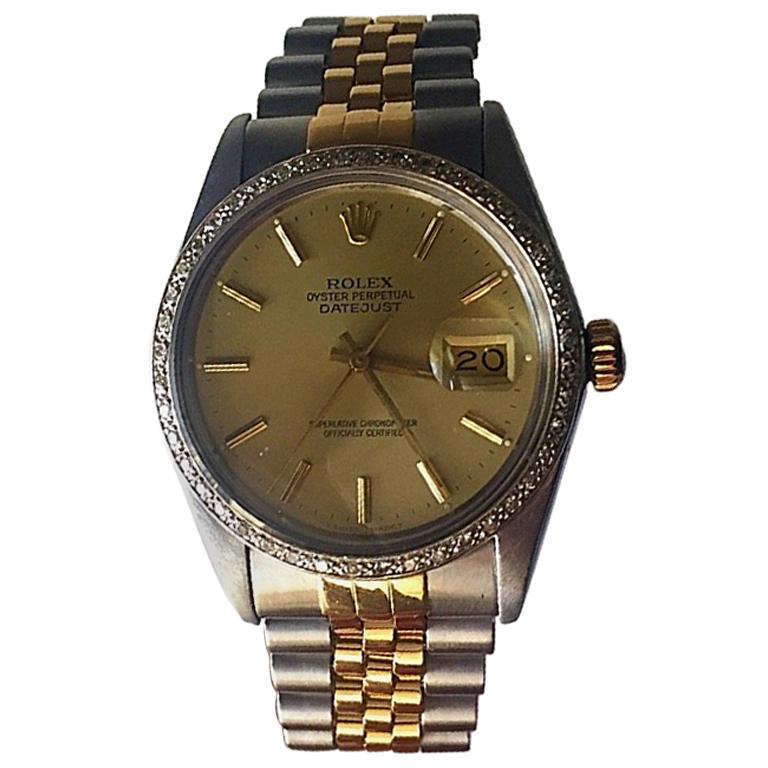 Rolex Datejust 16013 Stainless and 18 Karat Gold, Champagne Dial or Diamond Beze For Sale