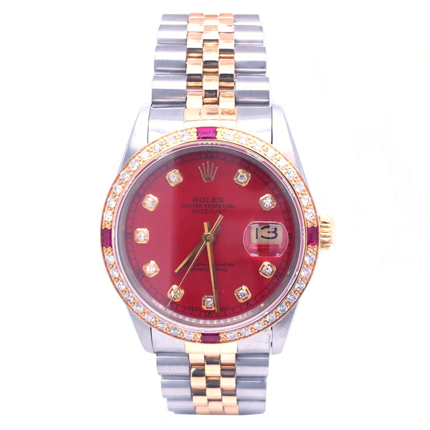 Stainless steel and 18k yellow gold 36mm Rolex Datejust watch featuring an automatic movement with a date complication, diamond and Ruby bezel, diamond hour marks, Cyclops lens, and Jubilee bracelet with deployant clasp.

Specification:
Brand: