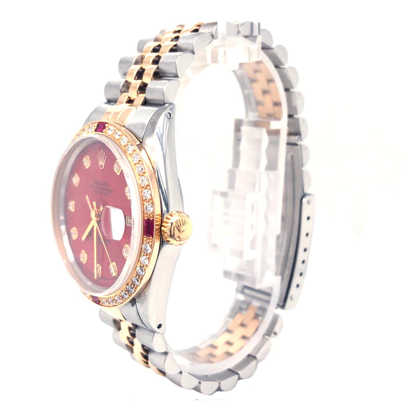 Modernist Rolex Datejust 16013 Two-Tone Red Diamond Dial Gold Diamonds and Rubi Bezel