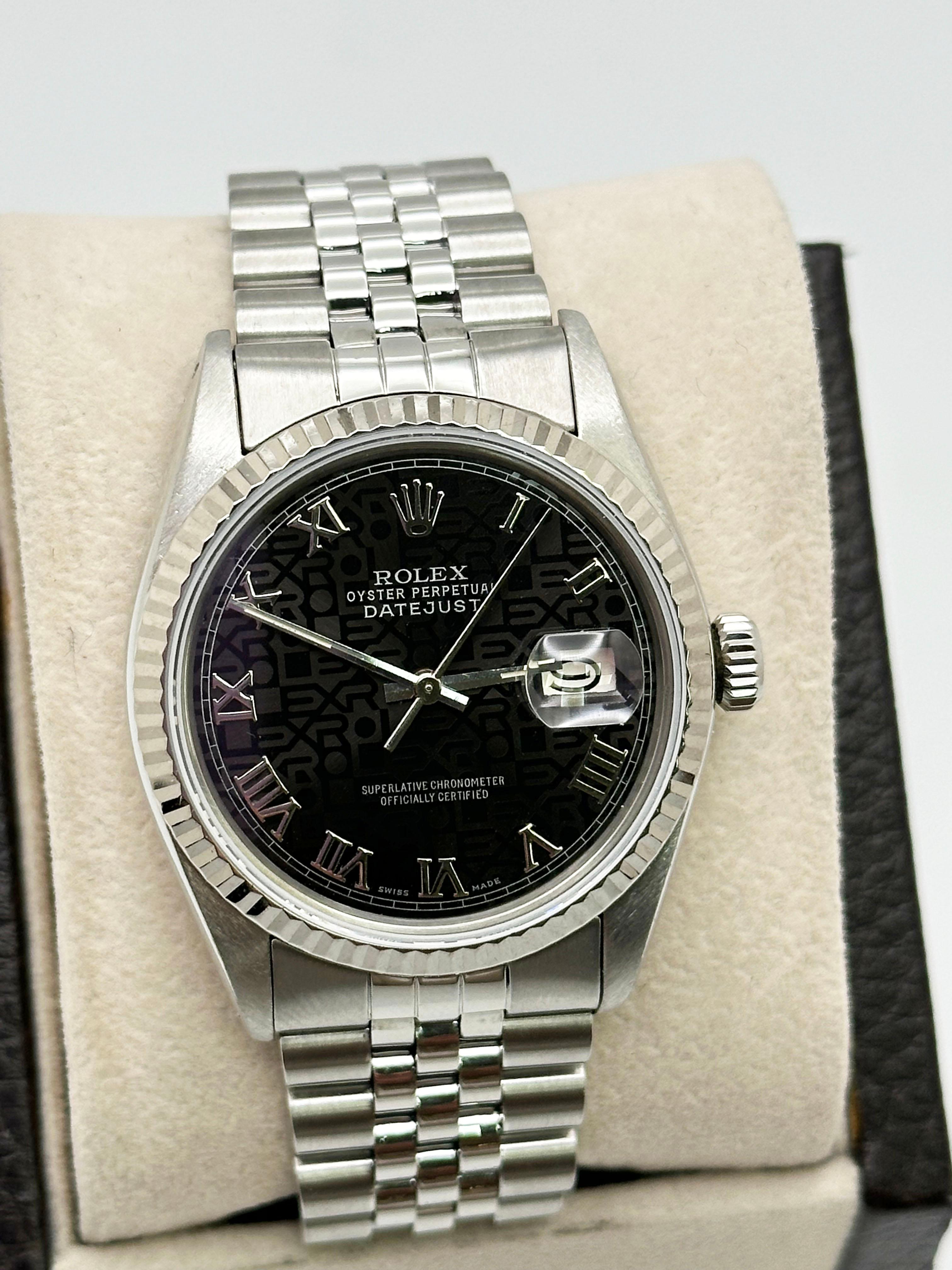 Women's or Men's Rolex Datejust 16014 36mm 18k Gold Bezel Black Jubilee Dial Stainless Steel