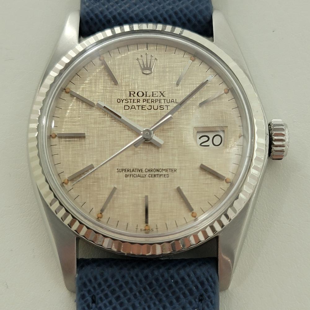 Iconic classic, Men's 18k white gold and stainless steel Rolex Oyster Perpetual Datejust Ref.16014 automatic, c.1978, in excellent working condition. Verified authentic by a master watchmaker. Classic Rolex linen dial, applied baton index hour