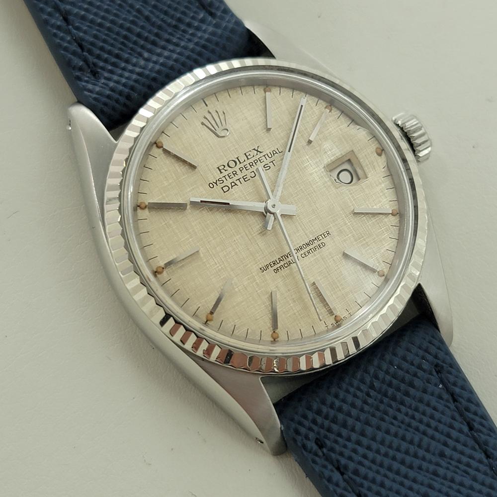 Rolex Datejust 16014 36mm 18k SS Linen Dial Mens Vintage Automatic 1970s RA586 In Excellent Condition For Sale In Beverly Hills, CA