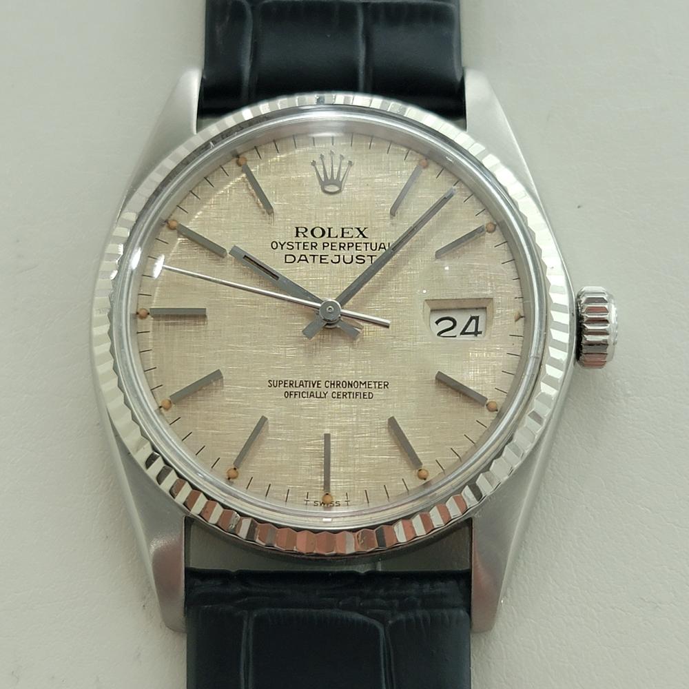 Timeless classic with Rolex's iconic linen dial, Men's 18k white gold and stainless steel Rolex Oyster Perpetual Datejust Ref.16014 automatic, c.1978, in excellent working condition. Verified authentic by a master watchmaker. Classic Rolex linen