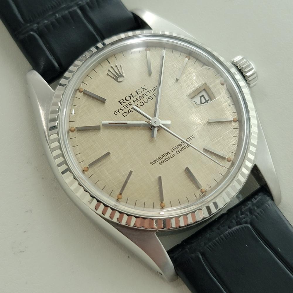 Rolex Datejust 16014 36mm 18k SS Linen Dial Mens Vintage Automatic 1970s RA586B In Excellent Condition For Sale In Beverly Hills, CA