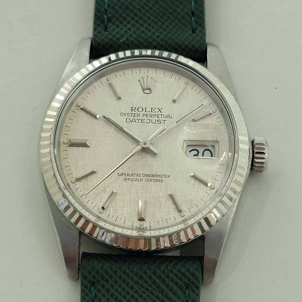 Timeless icon, Men's 18k white gold and stainless steel Rolex Oyster Perpetual Datejust Ref.16014 automatic, c.1983, in excellent working condition. Verified authentic by a master watchmaker. Gorgeous, iconic Rolex signed linen dial, applied baton