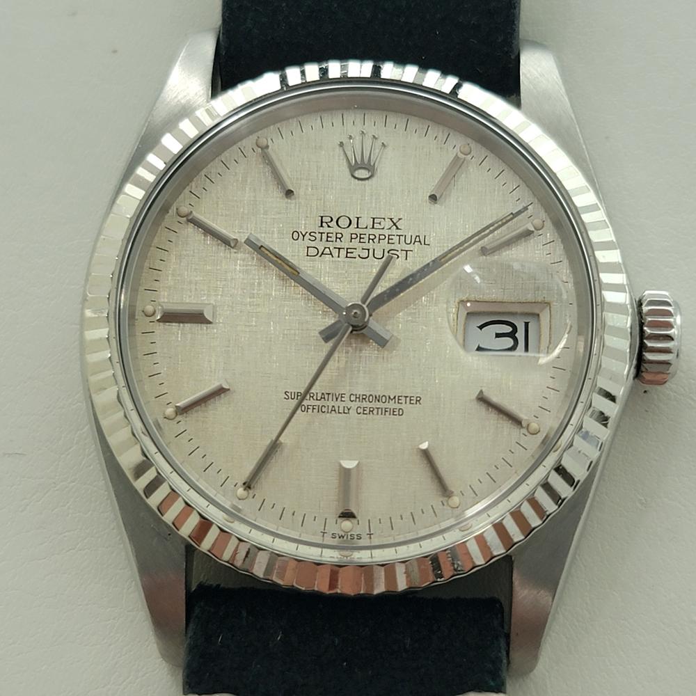Timeless icon, Men's 18k white gold and stainless steel Rolex Oyster Perpetual Datejust Ref.16014 automatic with classic linen dial, c.1983, in excellent working condition. Verified authentic by a master watchmaker. Gorgeous, iconic Rolex linen