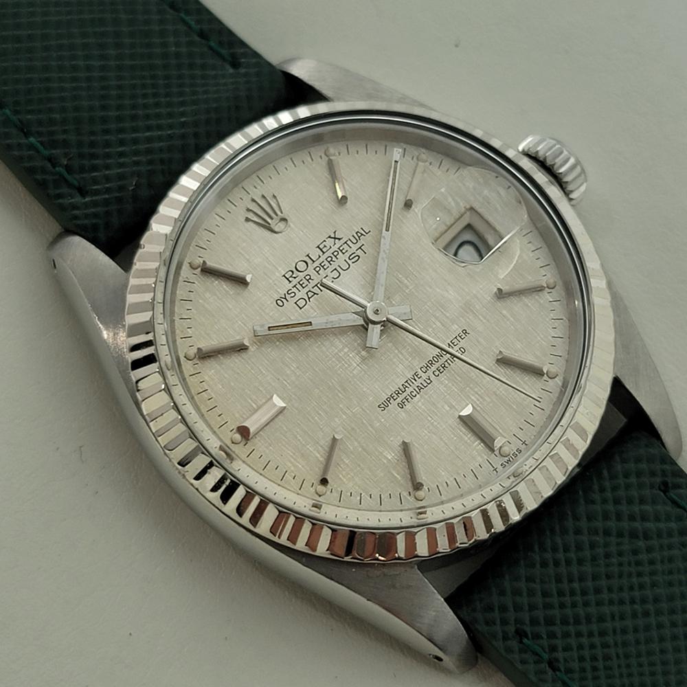 Rolex Datejust 16014 36mm 18k SS Linen Dial Mens Vintage Automatic 1980s RA587 In Excellent Condition For Sale In Beverly Hills, CA