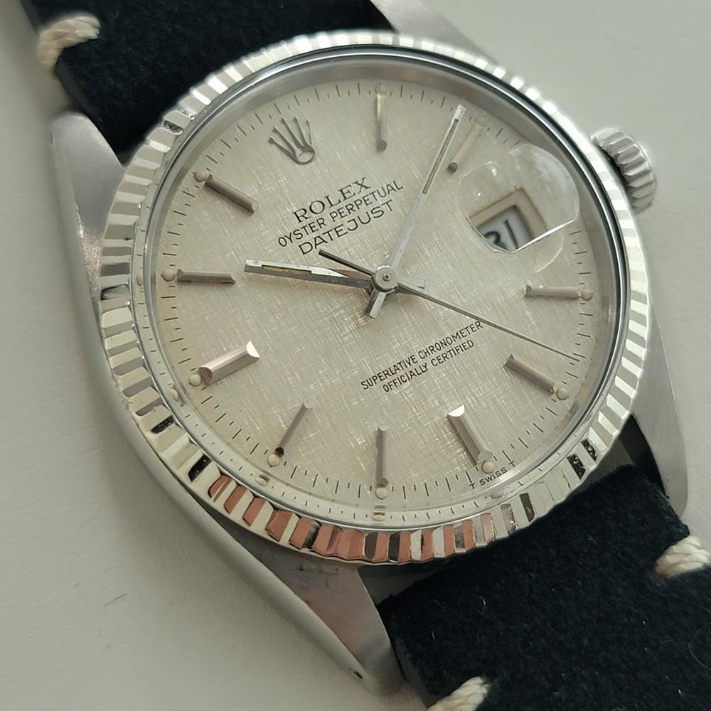 Rolex Datejust 16014 36mm 18k SS Linen Dial Mens Vintage Automatic 1980s RA587 In Excellent Condition For Sale In Beverly Hills, CA