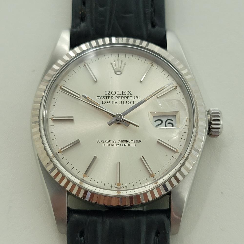 Rolex Oyster Perpetual Datejust Ref. 16014 mit Lünette aus 18 Karat Weißgold, um 1984, in ausgezeichnetem Zustand. Von einem Uhrmachermeister für echt befunden. Wunderschönes, von Rolex signiertes silbernes Zifferblatt, aufgesetzte Stabindexindexe,