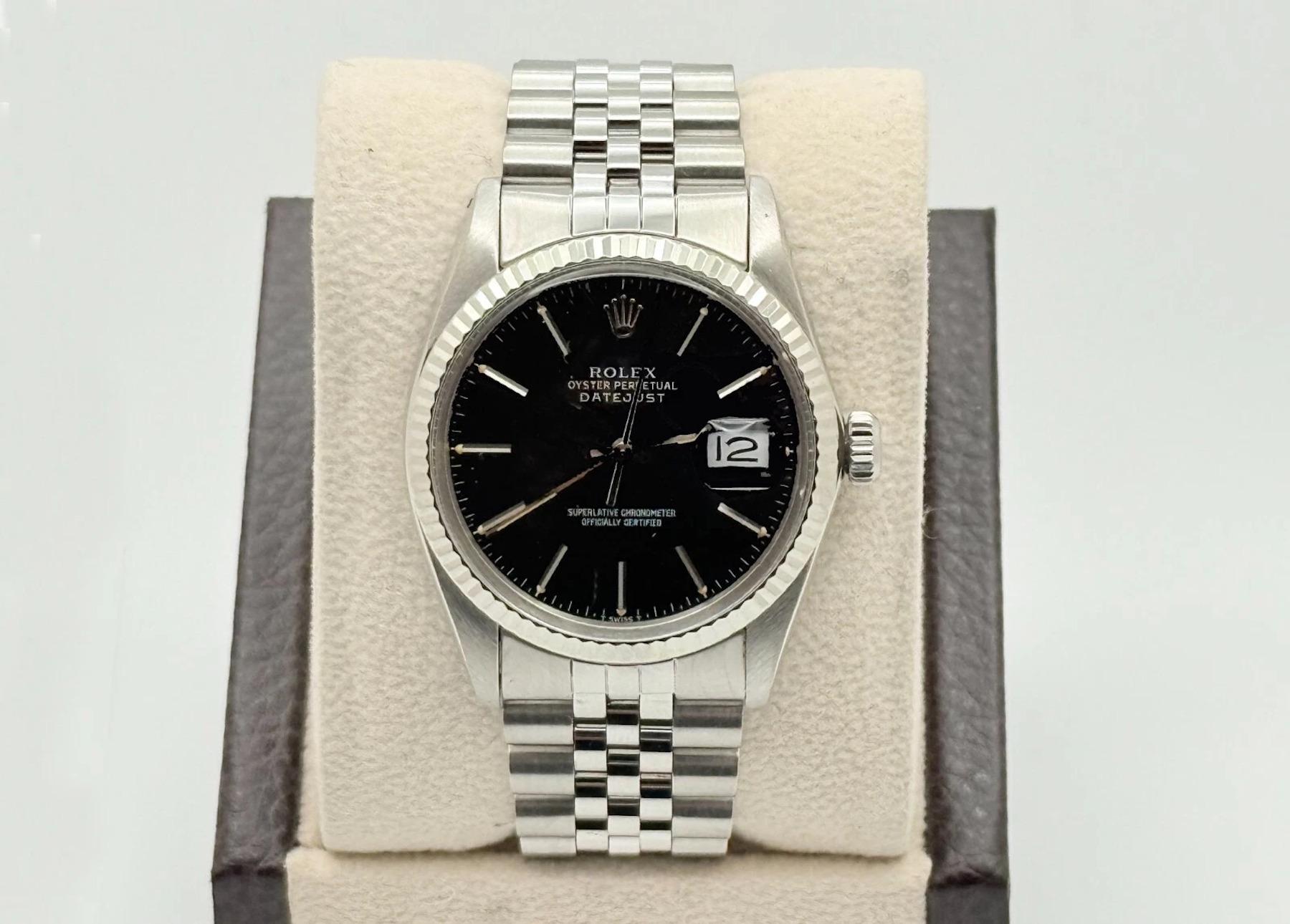 Style Number: 16014



Serial: 7457***



Year: 1983

 

Model: Rolex Datejust 

 

Case Material: Stainless Steel 

 

Band: Stainless Steel Jubilee Band

  

Bezel: 18K White Gold Bezel 

  

Dial: Black Dial

 

Face: Acrylic 

 

Case Size: 36mm