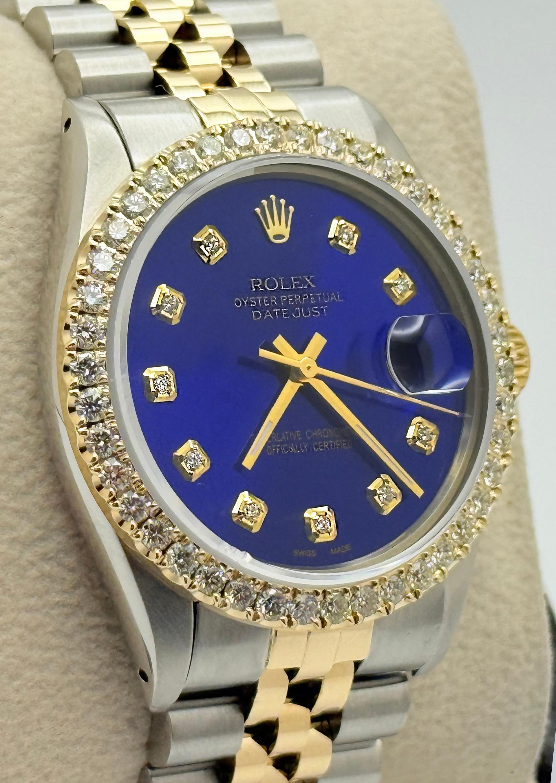 Round Cut Rolex Datejust 16014 Blue Diamond Dial 14K Yellow Gold Stainless Steel 36mm For Sale