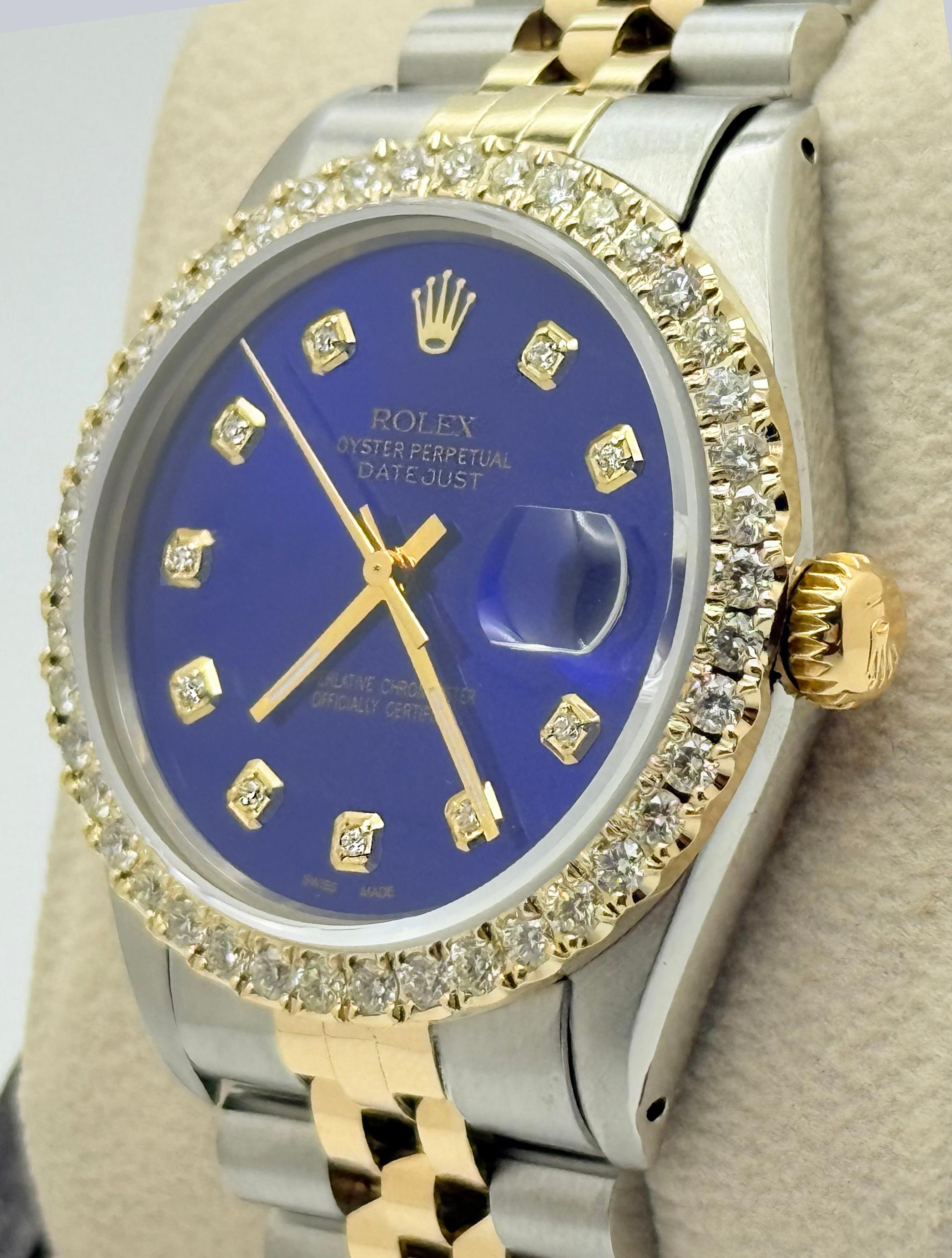 Rolex Datejust 16014 Blue Diamond Dial 14K Yellow Gold Stainless Steel 36mm In Good Condition For Sale In San Diego, CA
