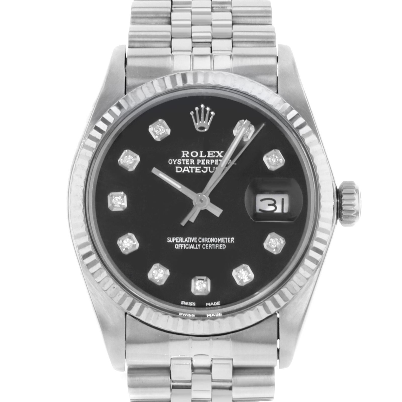 (20337)
This pre-owned Rolex Datejust 16014 is a beautiful men's timepiece that is powered by an automatic movement which is cased in a stainless steel case. It has a round shape face, date, diamonds dial and has hand diamonds style markers. It is
