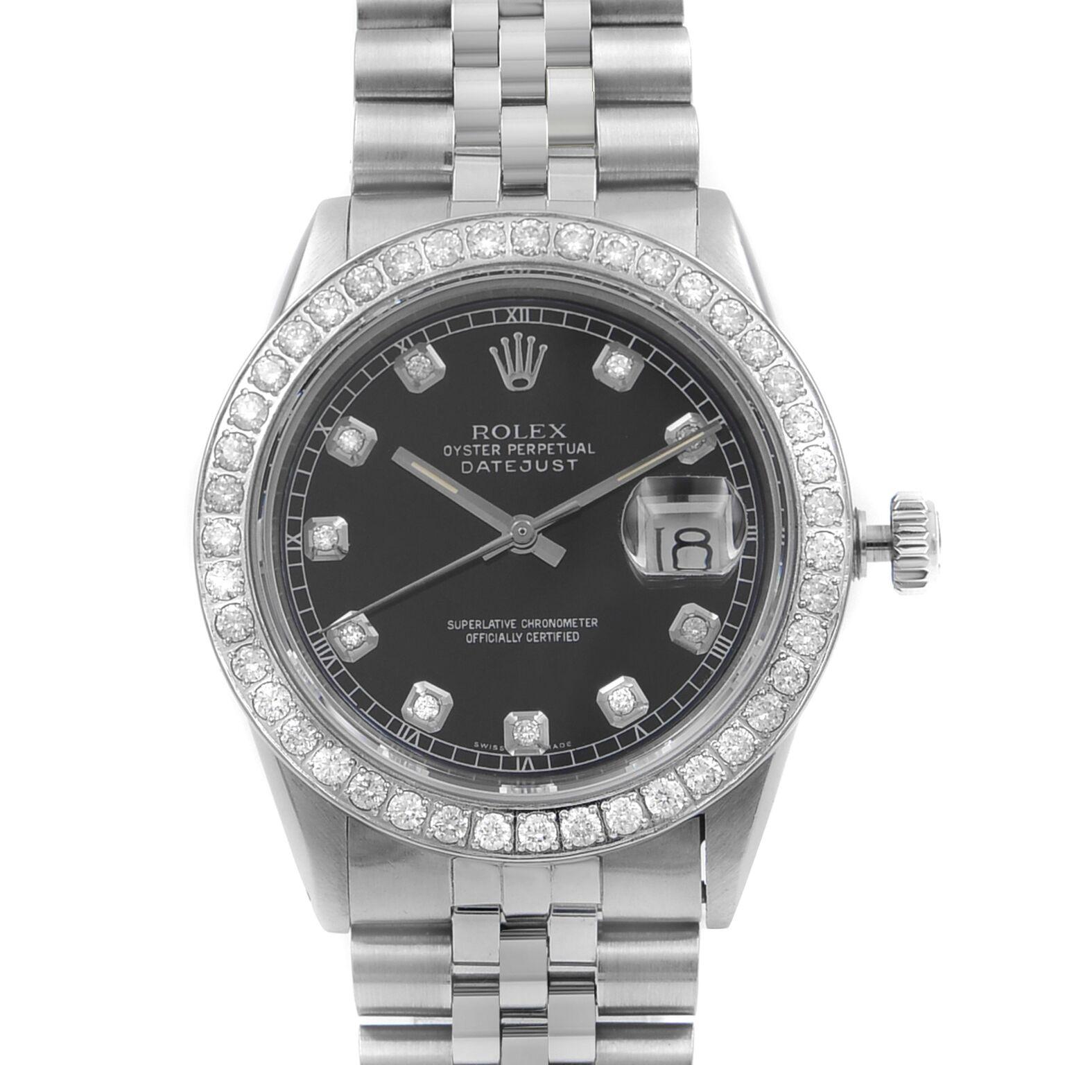 This pre-owned Rolex Datejust  16014  is a beautiful men's timepiece that is powered by an automatic movement which is cased in a stainless steel case. It has a round shape face, date, diamonds dial and has hand diamonds style markers. It is