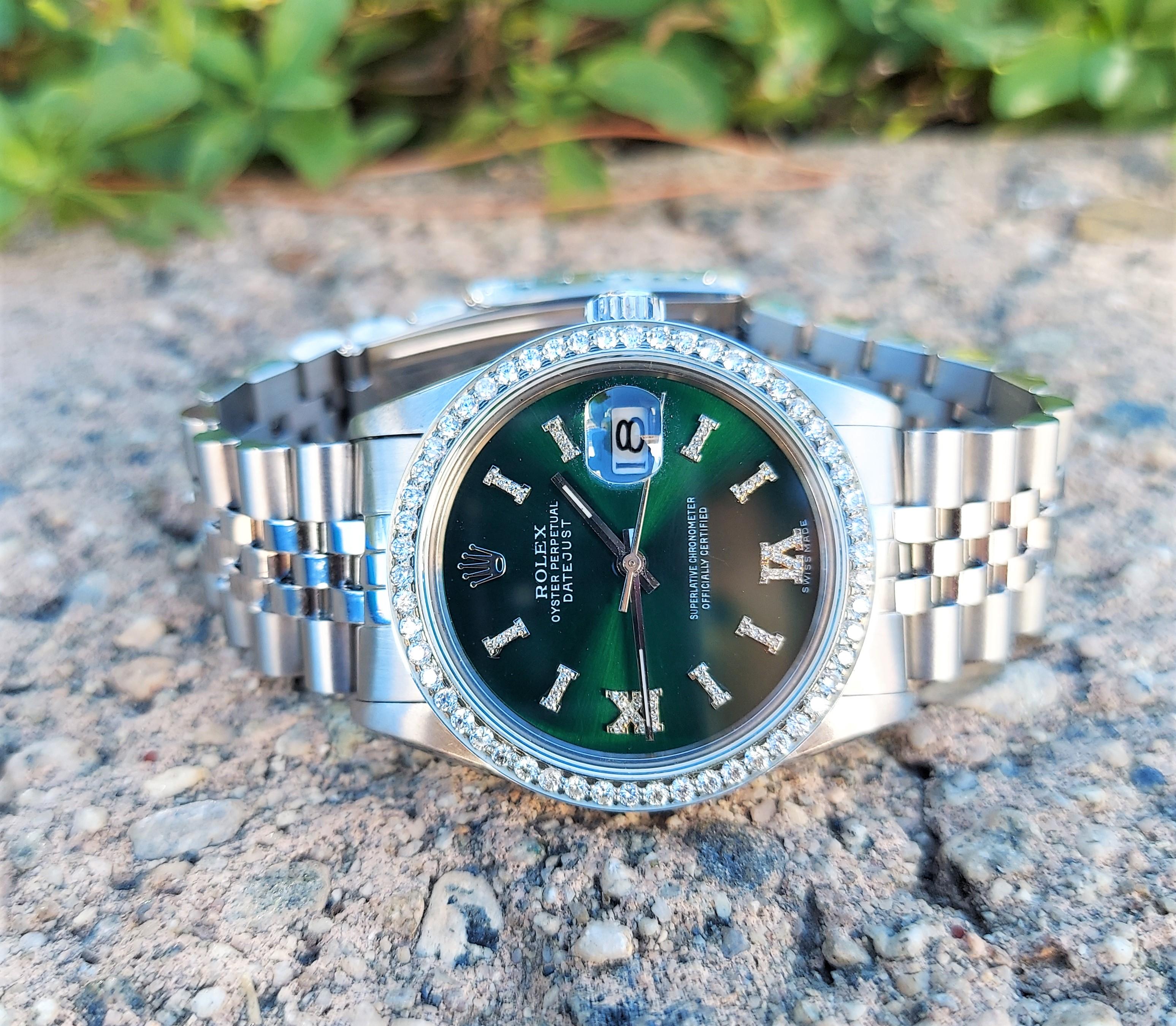 Rolex Montre Datejust 16014 avec chiffres romains et diamants verts Bon état - En vente à San Fernando, CA