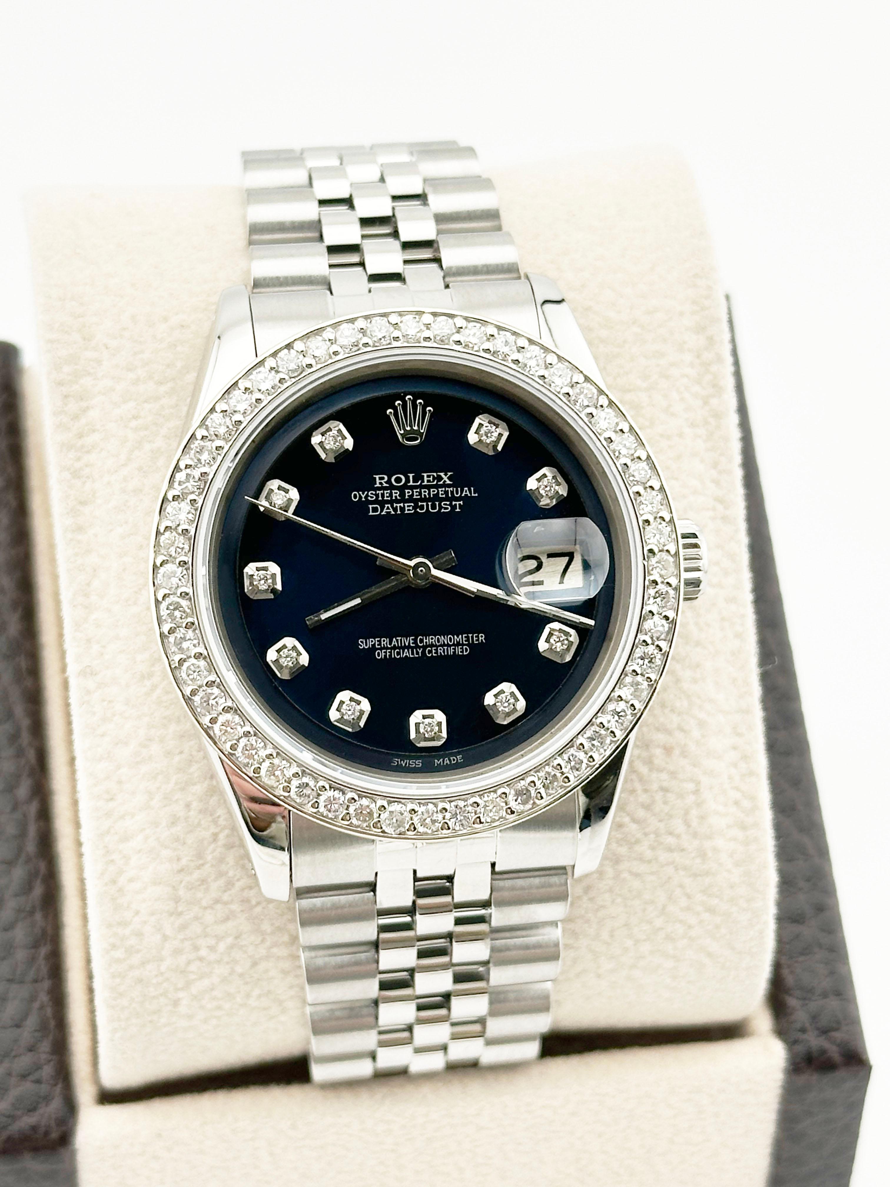 Rolex Datejust 1603 36 mm Blau MOP Diamant Zifferblatt Diamant Lünette Edelstahl im Zustand „Hervorragend“ in San Diego, CA