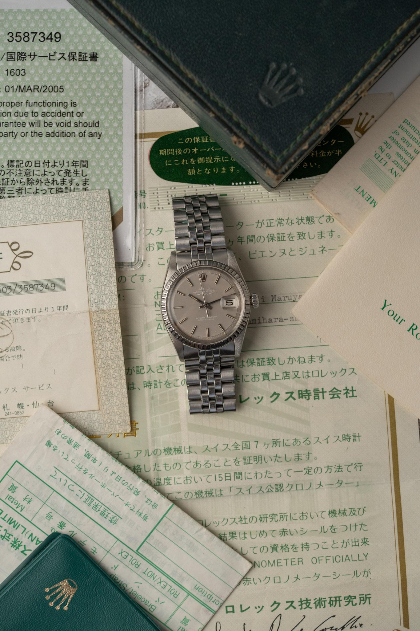 Rolex Datejust 1603 'Ghost' Quadrante Grigio 3.5m Seriale 1979 Set completo in vendita 9
