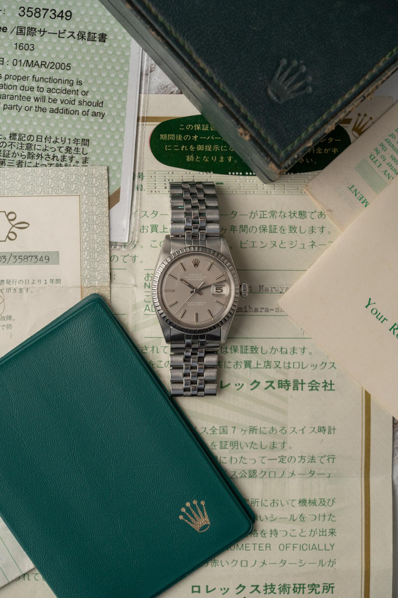 Rolex Datejust 1603 'Ghost' Quadrante Grigio 3.5m Seriale 1979 Set completo in vendita 14